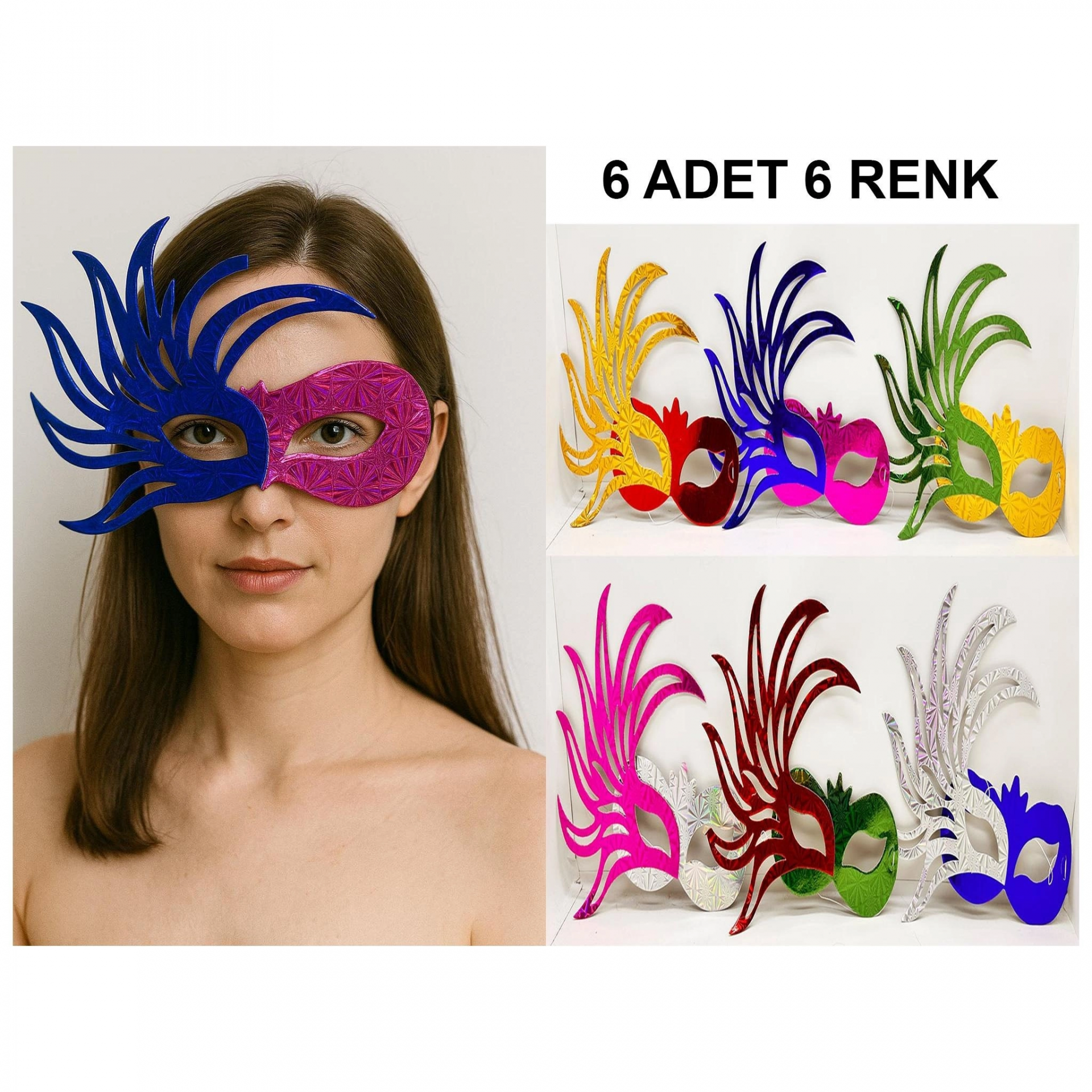 6’Lı Çift Renkli Venedik Karton Parti Maskesi Seti