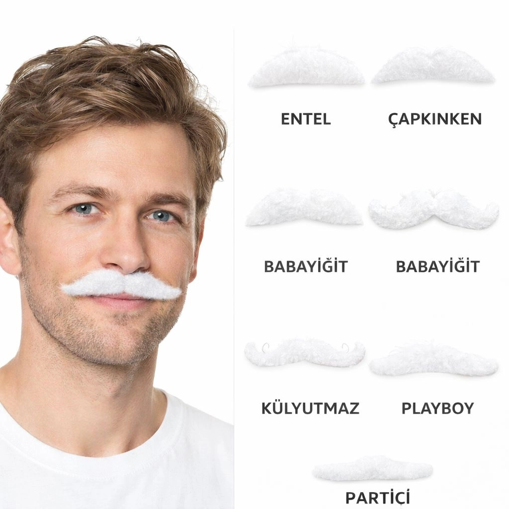 6’Lı Yapışkanlı Beyaz Parti Bıyık Seti – Farklı Modeller