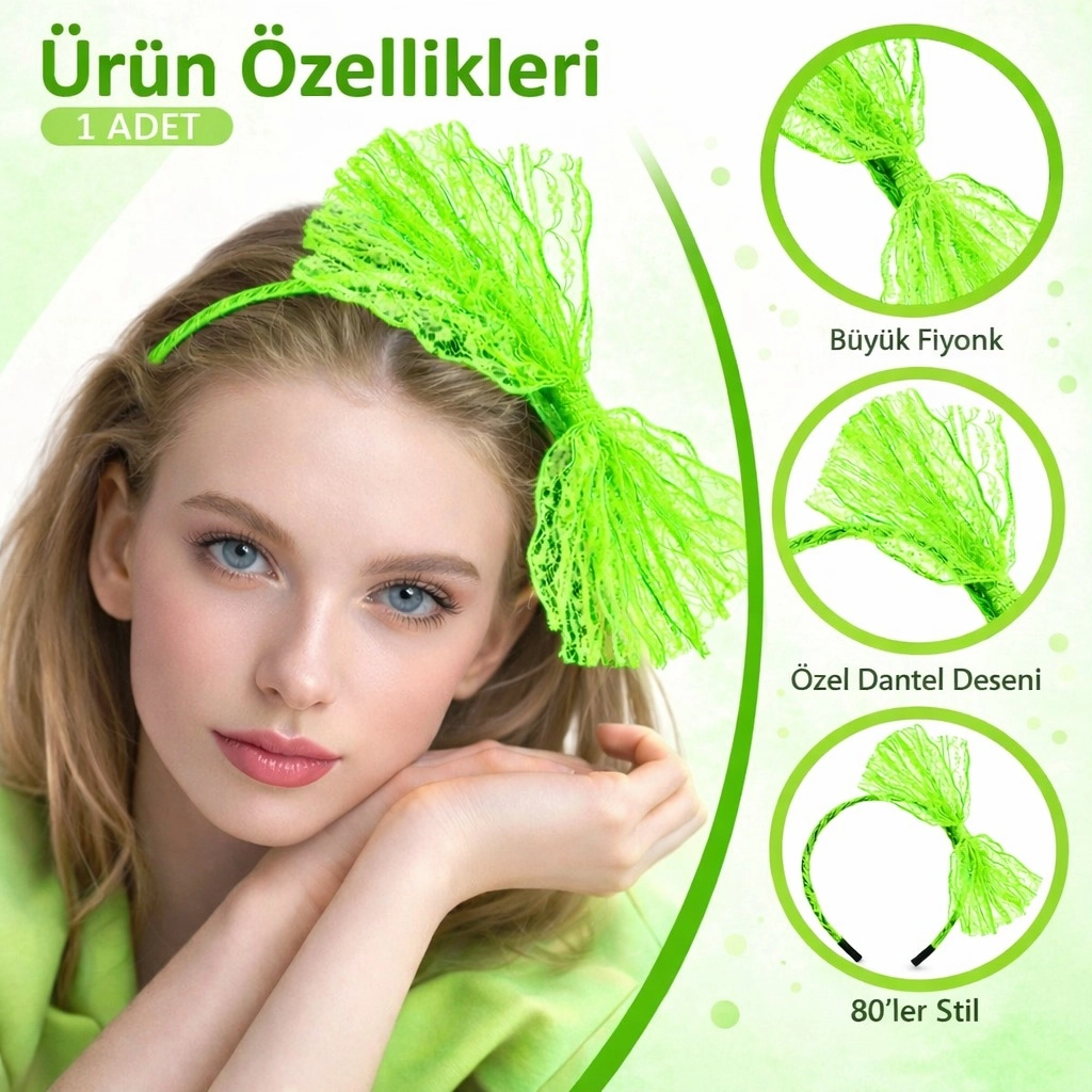 80’Ler 90’Lar Neon Yeşil Dantel Taç Fiyonklu