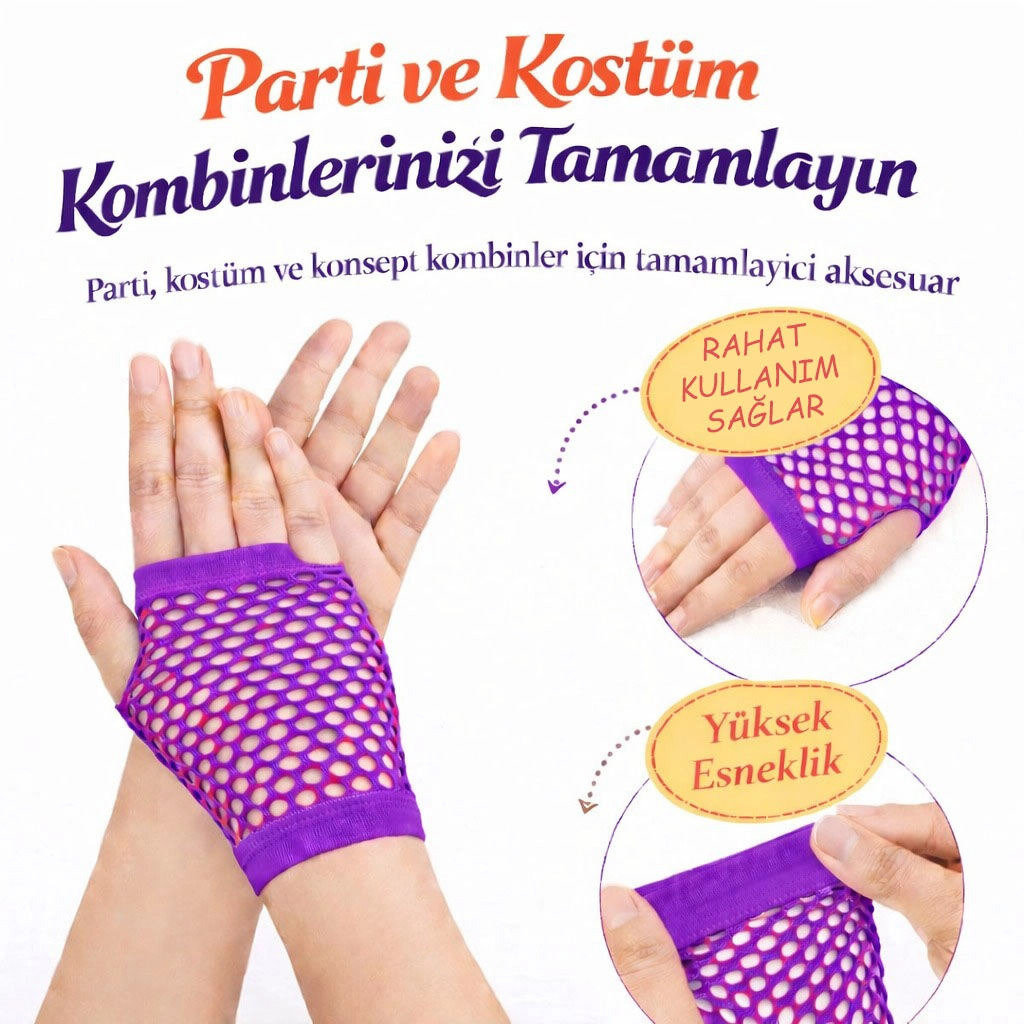 80’Ler 90’Lar Retro Mor File Parmaksız Kısa Eldiven 11 Cm
