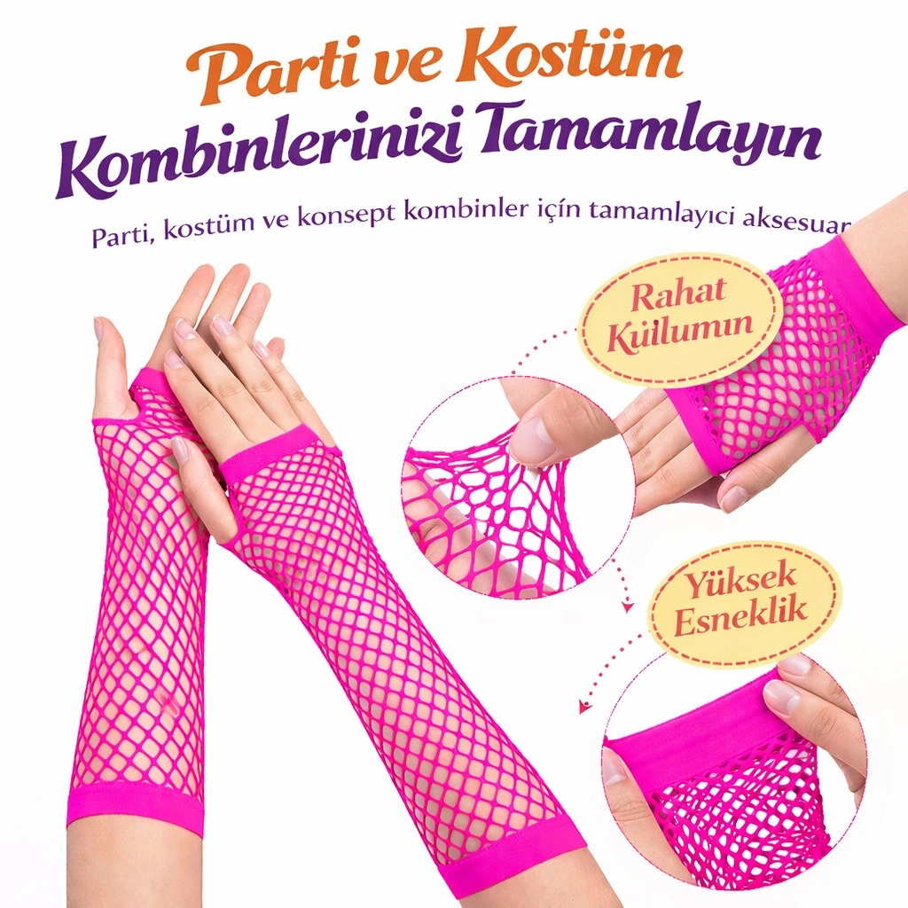 80’Ler 90’Lar Retro Neon Fuşya Şeker Pembesi File Parmaksız Eldiven 26 Cm