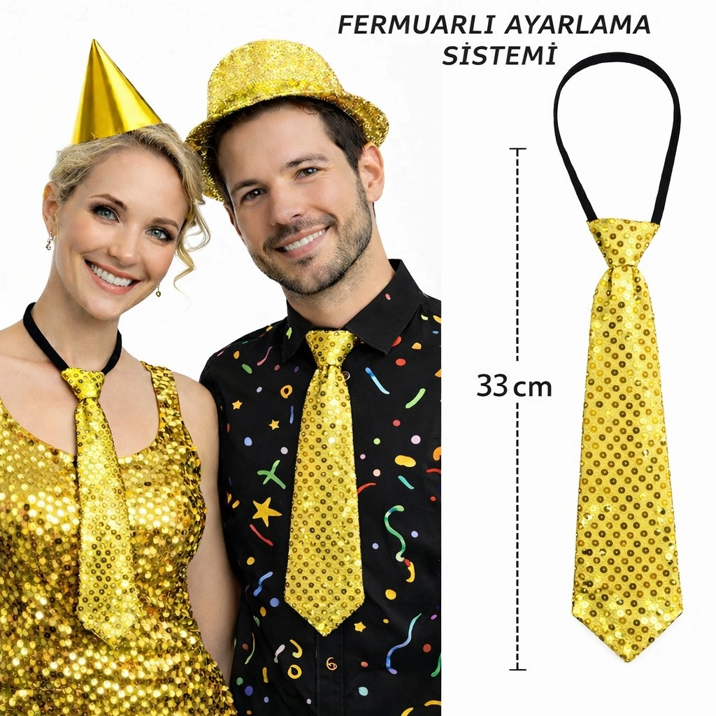 Altın Renk Pul Payetli Işıltılı Parti Kravatı 33 Cm