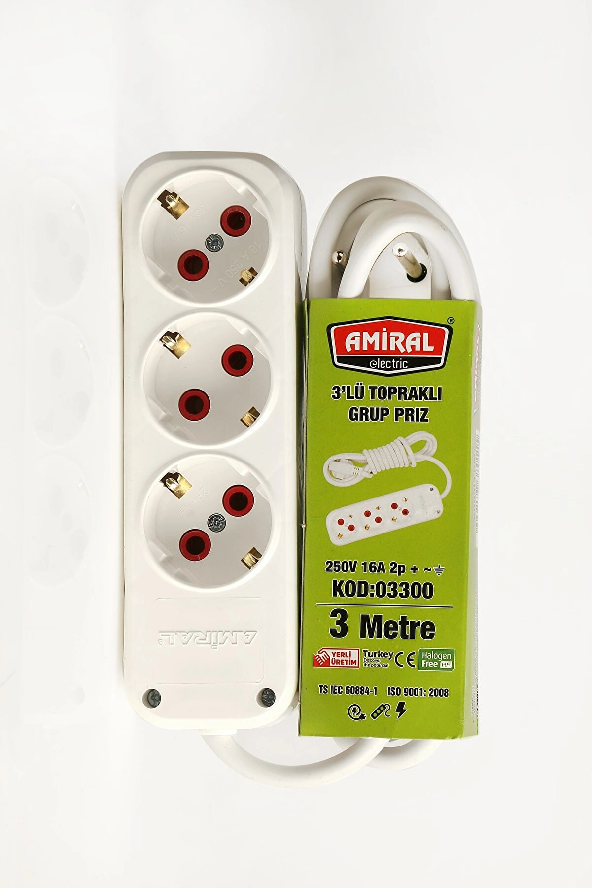 Amiral 3  Lü Topraklı 3 Metre Kablolu Grup Priz