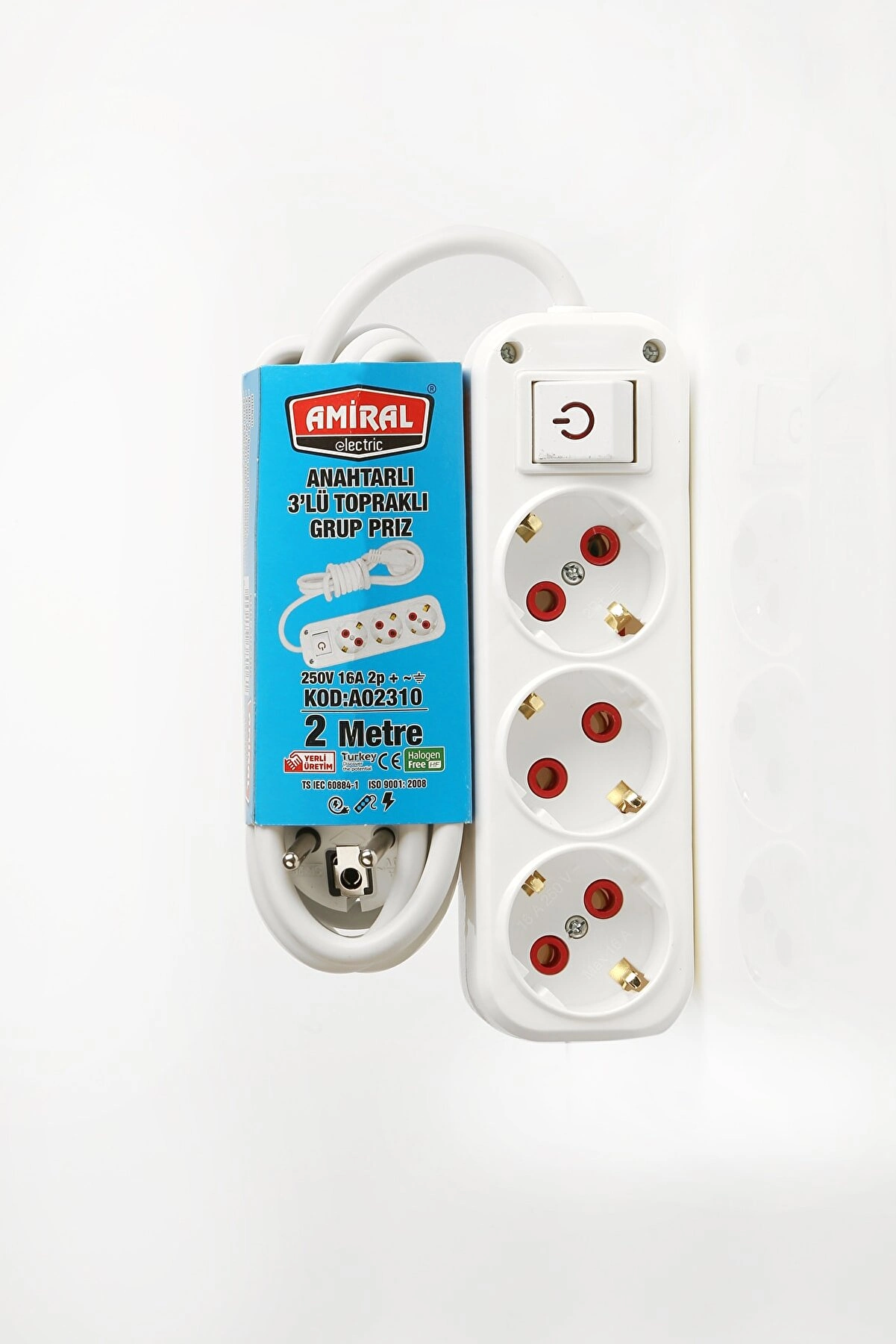 Amiral 3  Lü Topraklı Anahtarlı 2 Metre Kablolu Grup Priz
