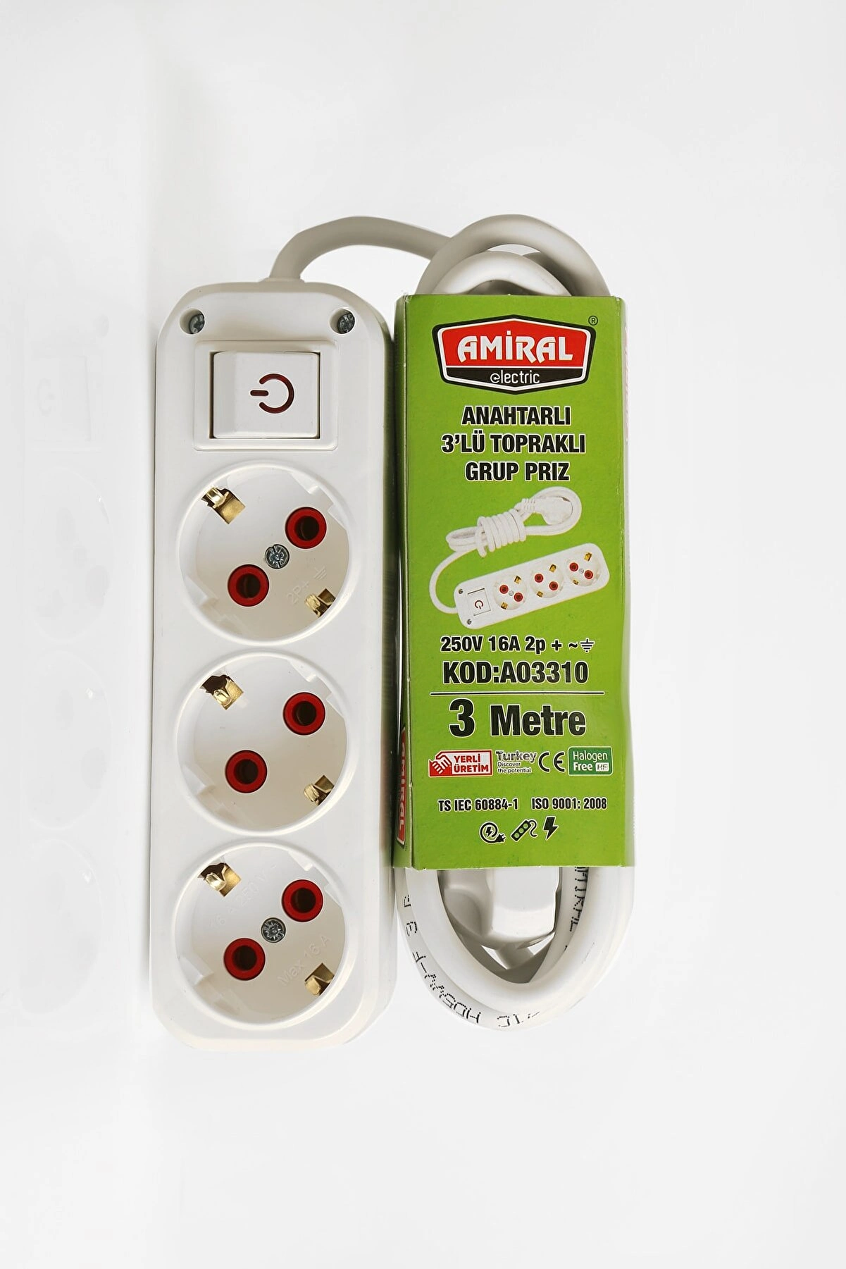 Amiral 3  Lü Topraklı Anahtarlı 3 Metre Kablolu Grup Priz