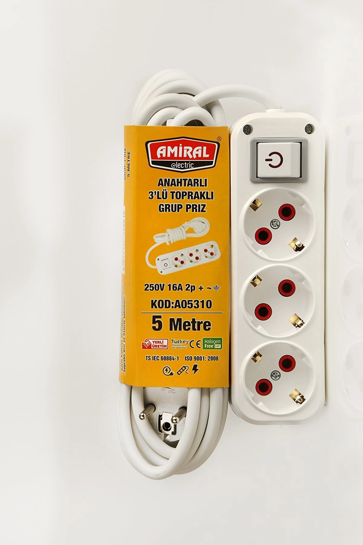 Amiral 3  Lü Topraklı Anahtarlı 5 Metre Kablolu Grup Priz