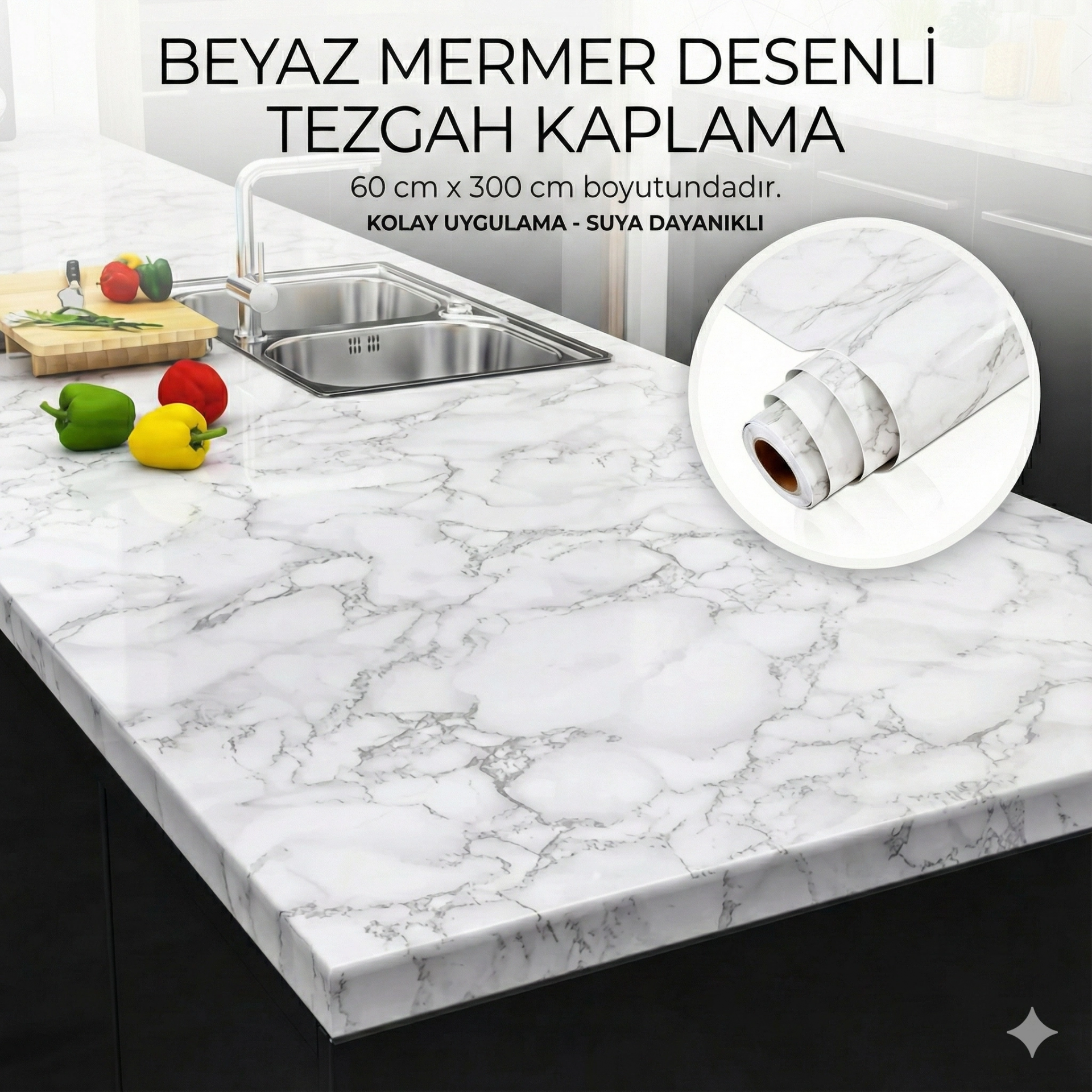 Beyaz Mermer Desenli Yapışkanlı Tezgah Folyosu (3 Mt.x 60 Cm)