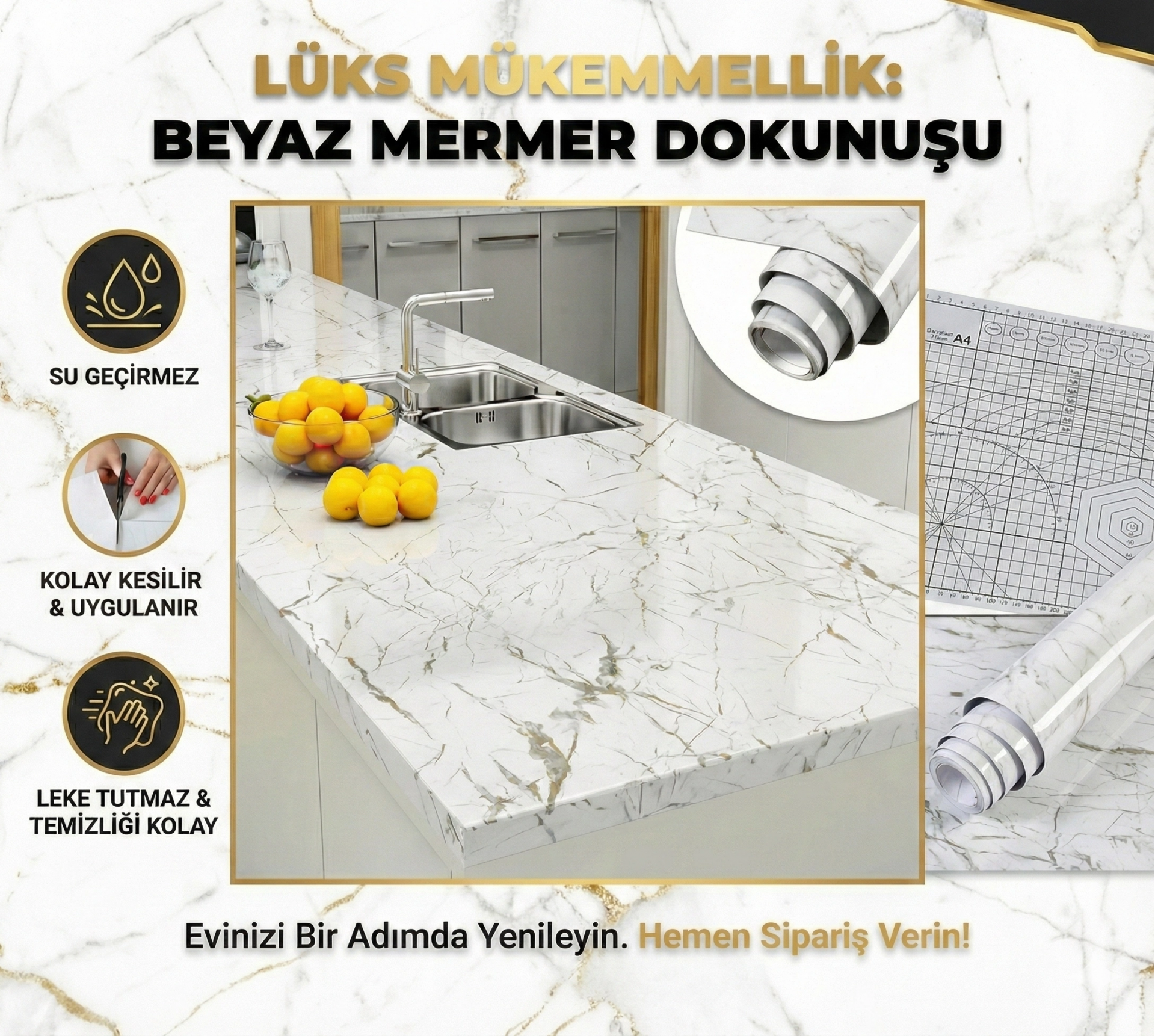 Beyaz Mermer Desenli Yapışkanlı Tezgah Folyosu (3 Mt.x 60 Cm)