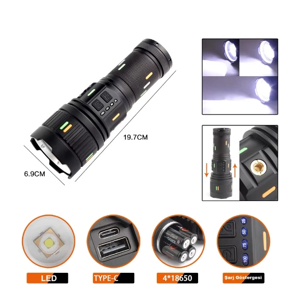 F.b.ı Pro F-3001 Alüminyum Tg Led Güç Göstergeli Type-C Şarjlı El Feneri 100 W