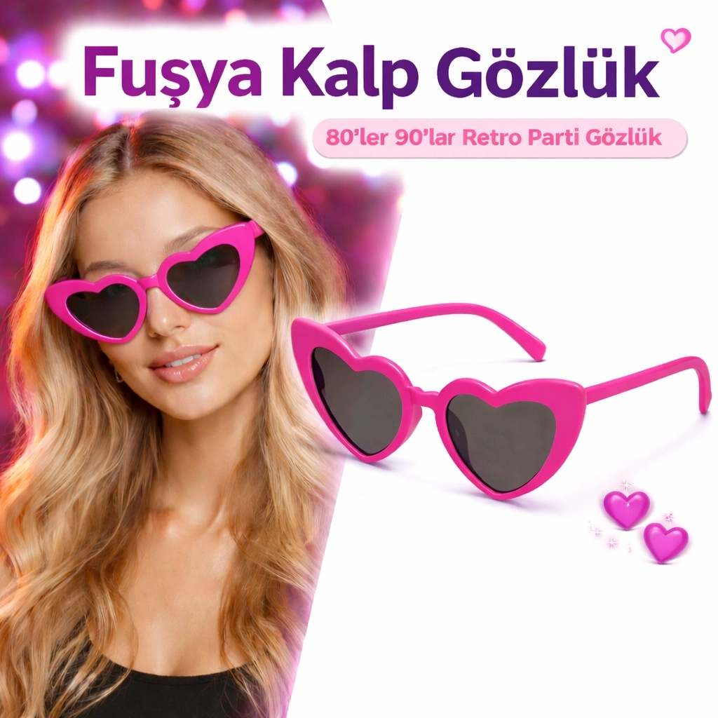Fuşya  Retro Kalp Gözlük – 80’Ler 90’Lar Stil Parti Gözlüğü