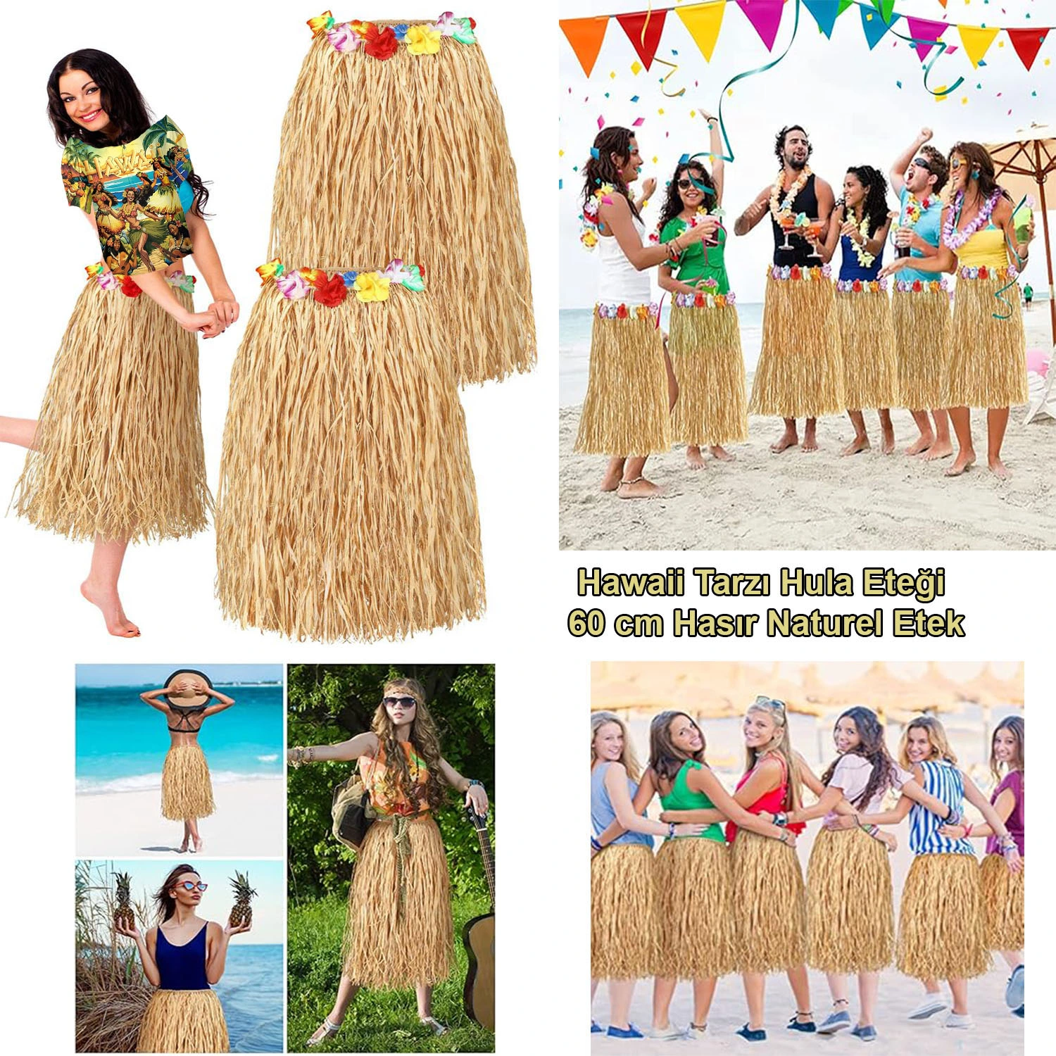 60 Cm Naturel Saman Görünümlü Hawaii Etek Hula