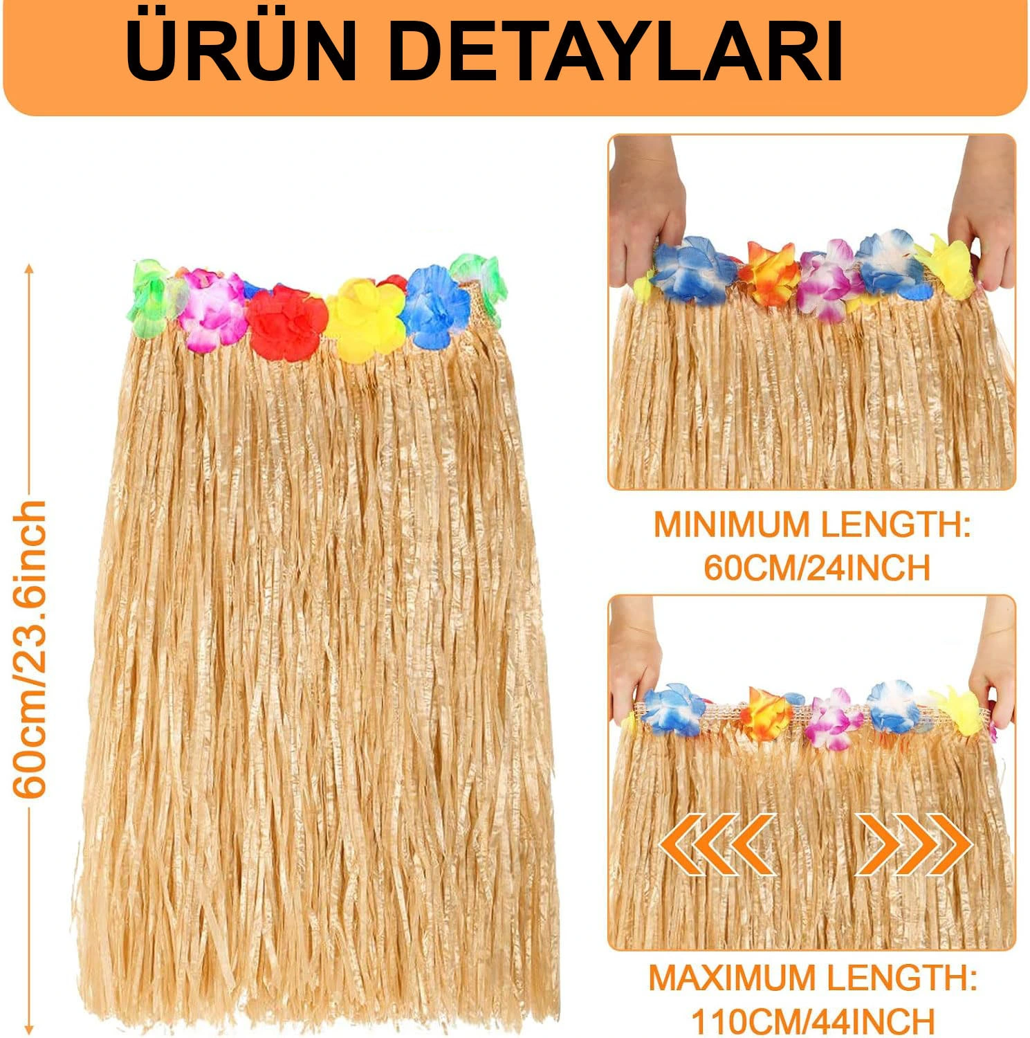 60 Cm Naturel Saman Görünümlü Hawaii Etek Hula