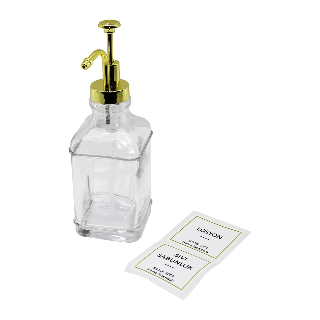 Kare Cam Şişe Şeffaf Damlatmaz Yağdanlık 500Ml Pompa Musluk Ayrık Model Başlı