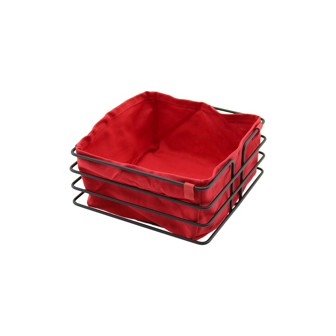 Kare Siyah Metal Kırmızı Bezli Ekmek Sepeti 20X21Cm Derinlik 10.5Cm