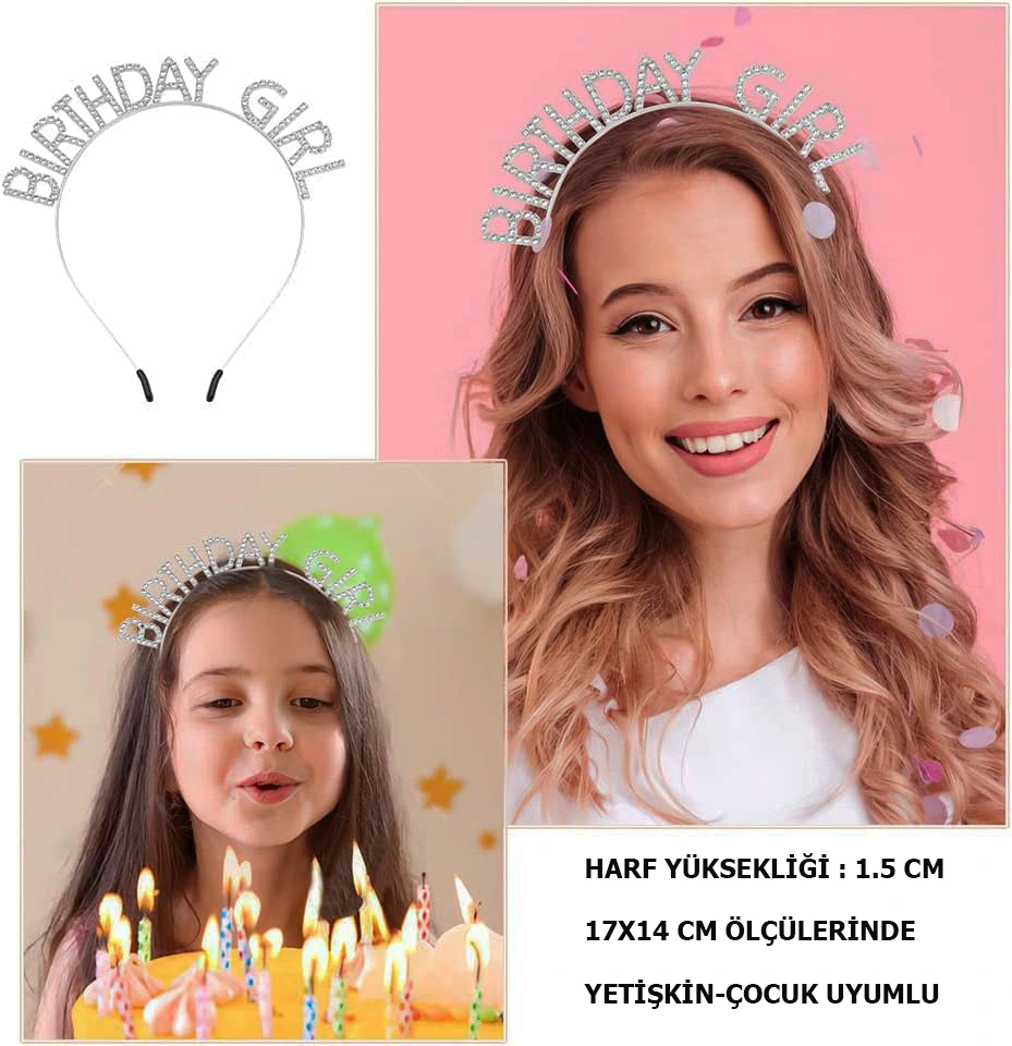 Kristal Taşlı Gümüş Birthday Girl Yazılı Doğum Günü Parti Tacı 19X11 Cm