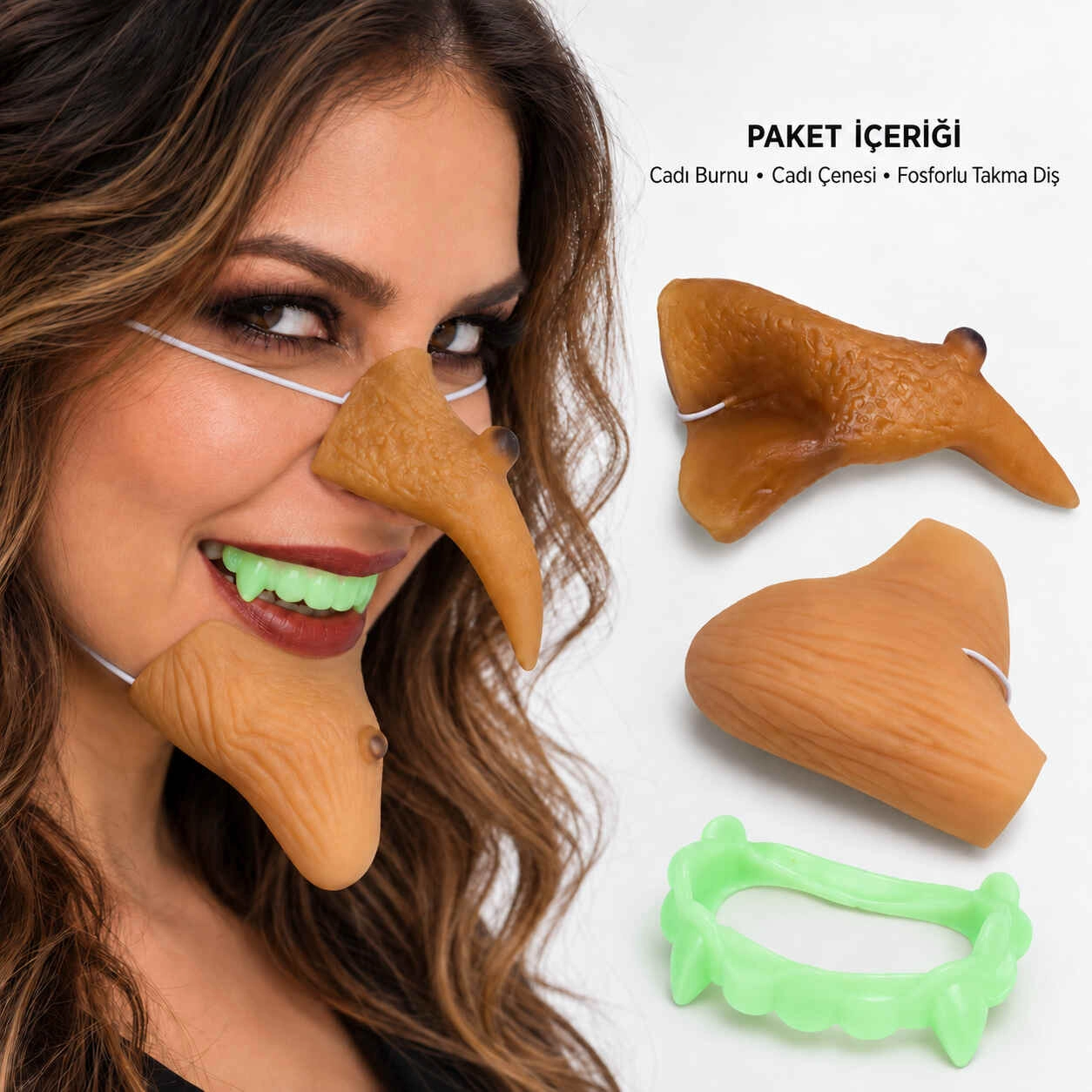 Lastikli Cadı Burnu, Cadı Çenesi Ve Fosforlu Takma Diş Seti – 3 Parça