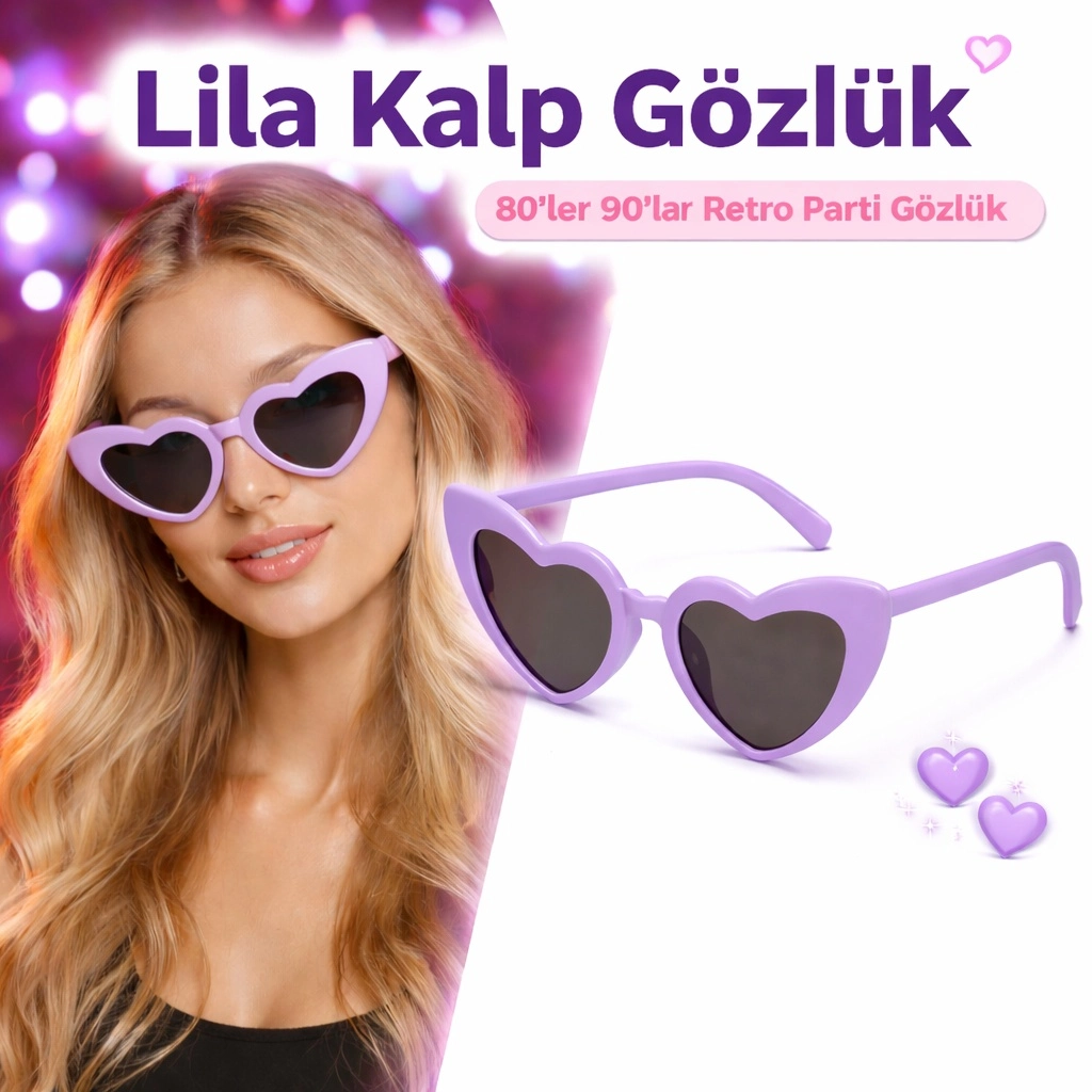 Mor Lila Retro Kalp Gözlük – 80’Ler 90’Lar Stil Parti Gözlüğü