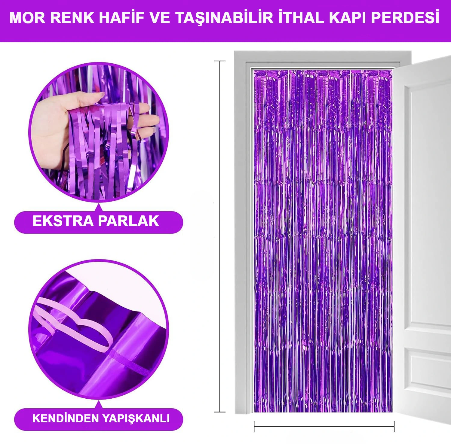 Mor Renk Ekstra Metalize Parlak Saçaklı Arka Fon Perde İthal A Kalite 1X2 Metre