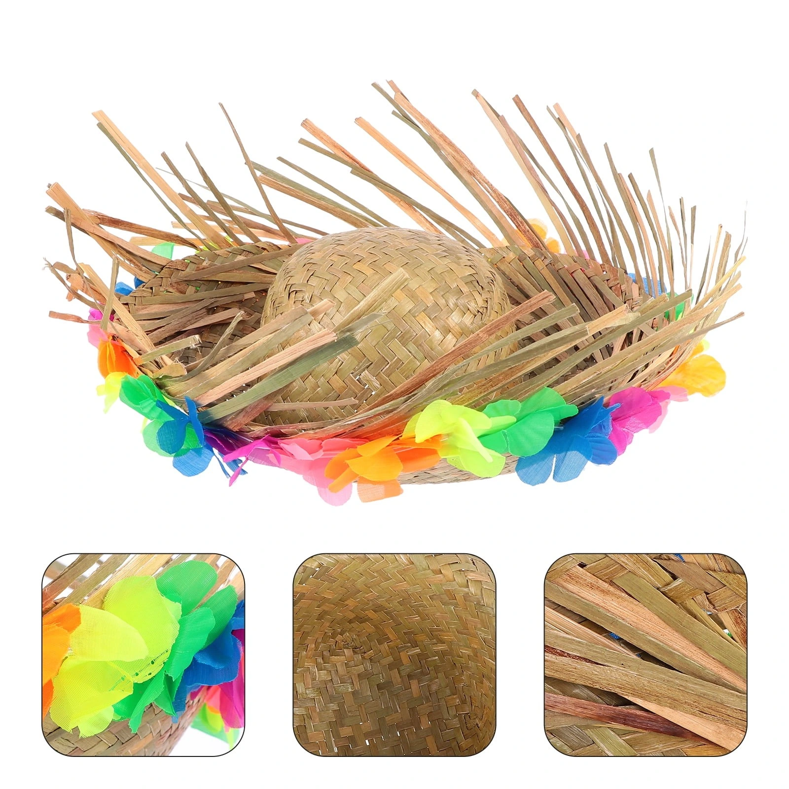 Naturel Renk Püsküllü Örme Hasır Hawaii Luau Aloha Şapka 13X36 Cm