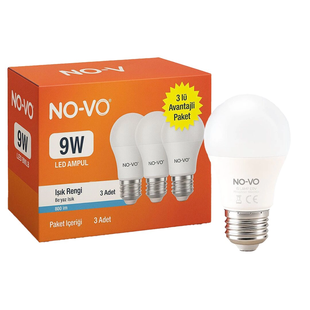No-Vo 3Lü Avantaj Paket 9W Beyaz Led Ampul E27 806Lm 6500K 15.000 Saat Ömür