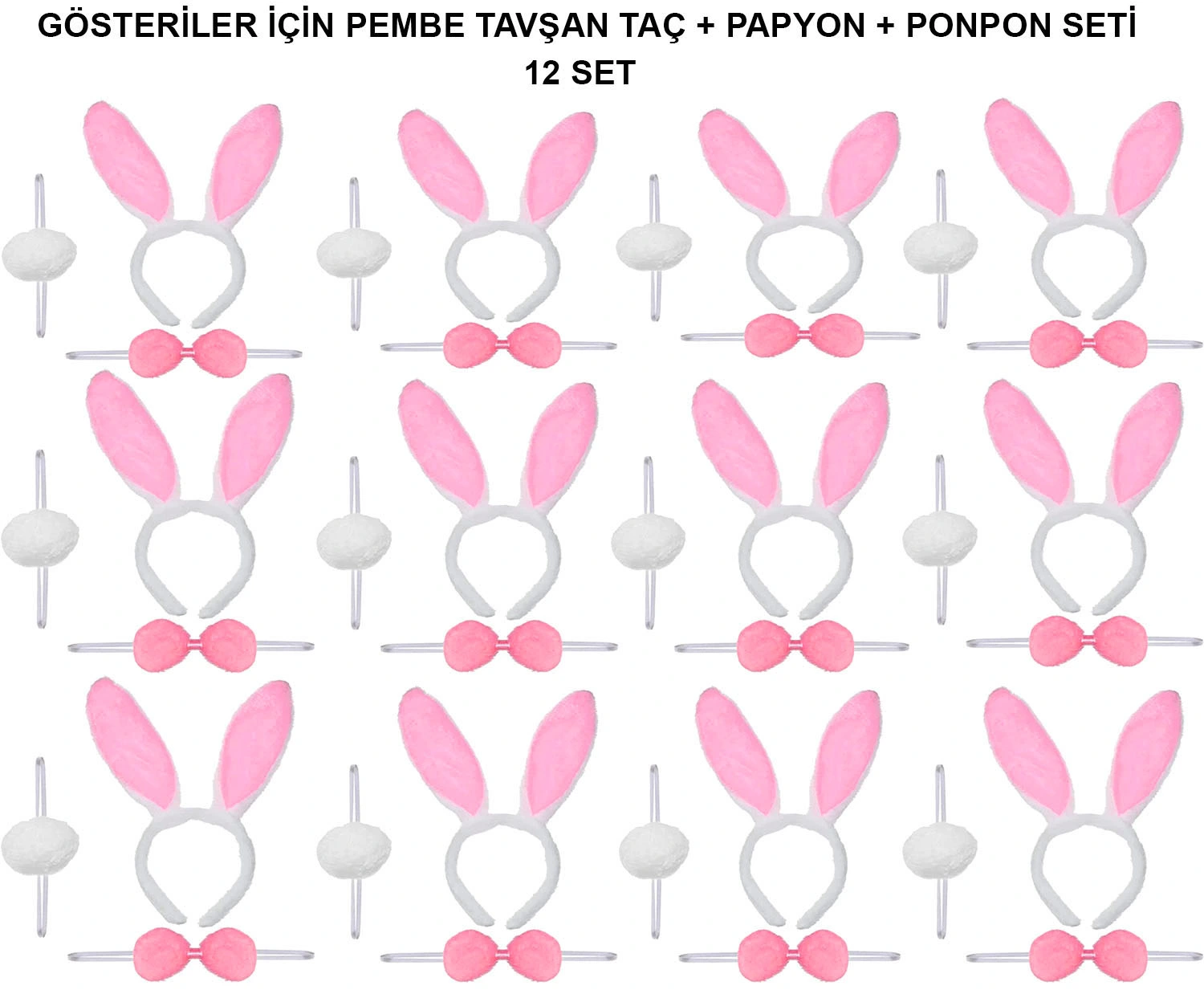 Pembe Tavşan Kostüm Seti – Taç, Papyon, Ponpon (12’Li Paket)