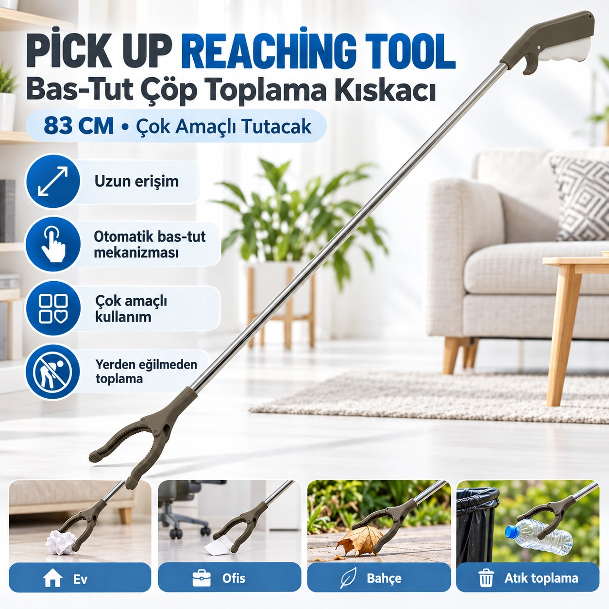 Pick Up Reaching Tool Kalın Boru Otomatik  Bas Tut Çöp Toplama Kıskacı 83Cm Çok Amaçlı Tutacak