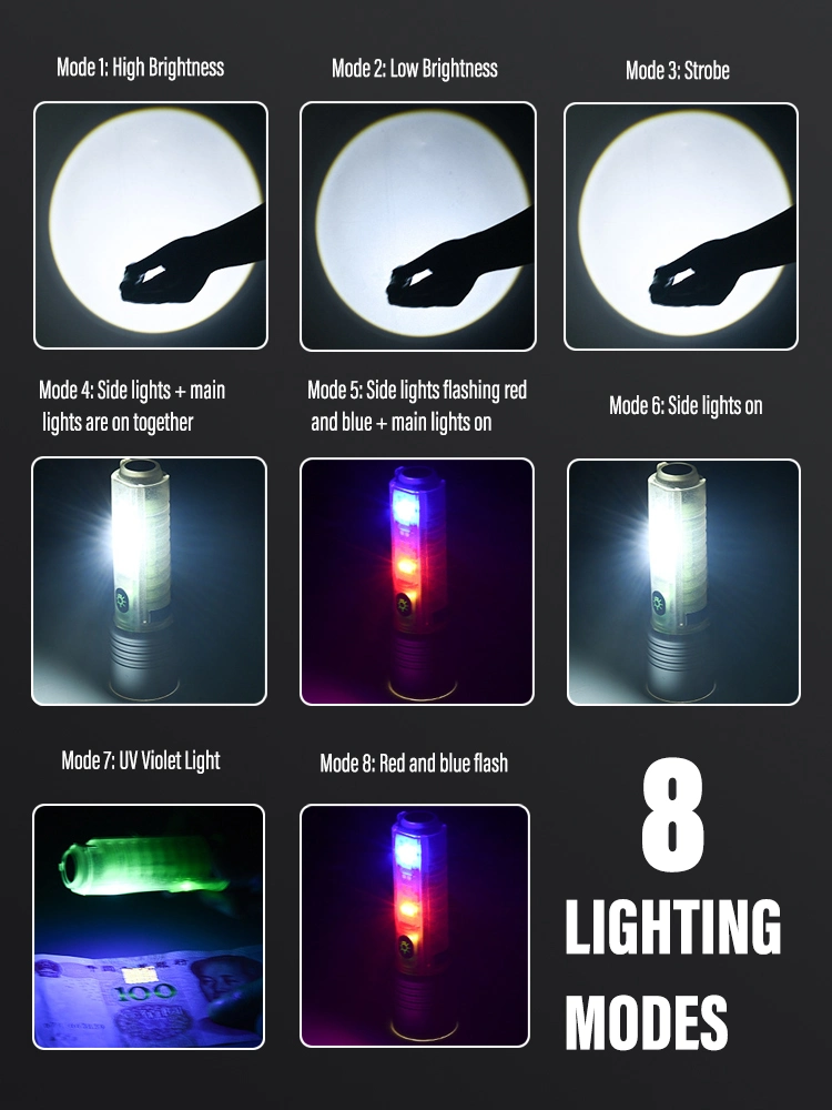 Profesyonel Tg Led Güçlü 8 Modlu Type-C 1000 Lümen Polis Çakarlı Şarjlı El Feneri