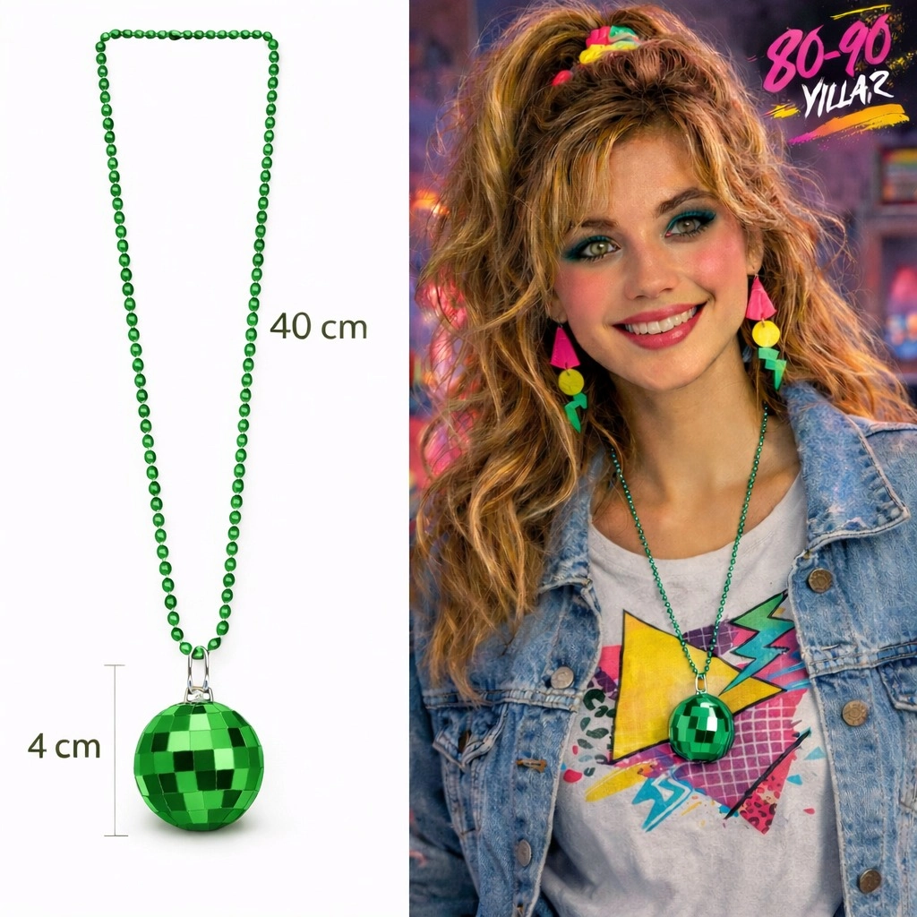Retro Disko Topu Şekilli 80'Ler 90'Lar Yeşil Renk Plastik Kolye