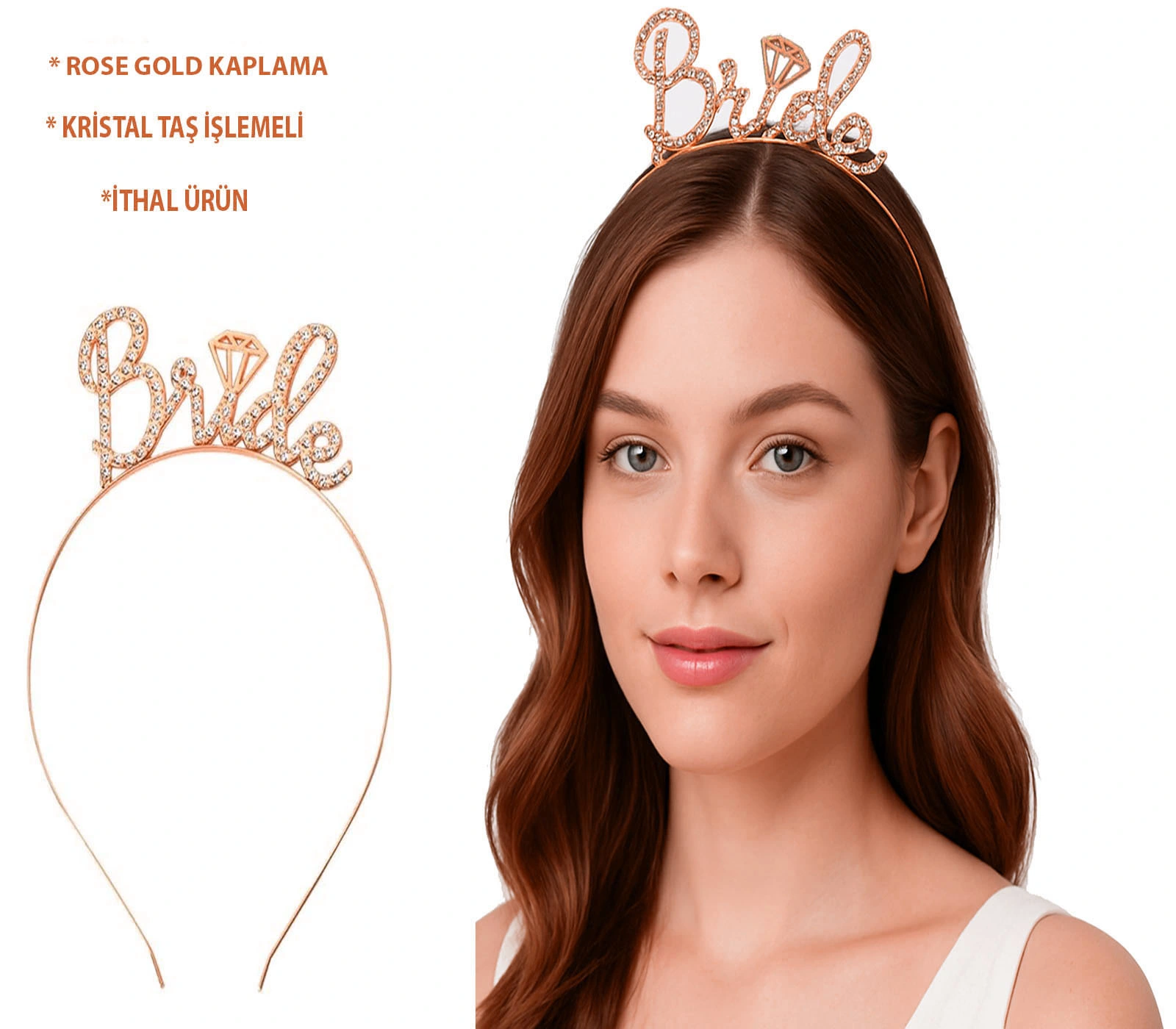 Rose Gold Renkli Taşlı “Bride” Gelin Tacı – El Yazısı Yazı Tipiyle