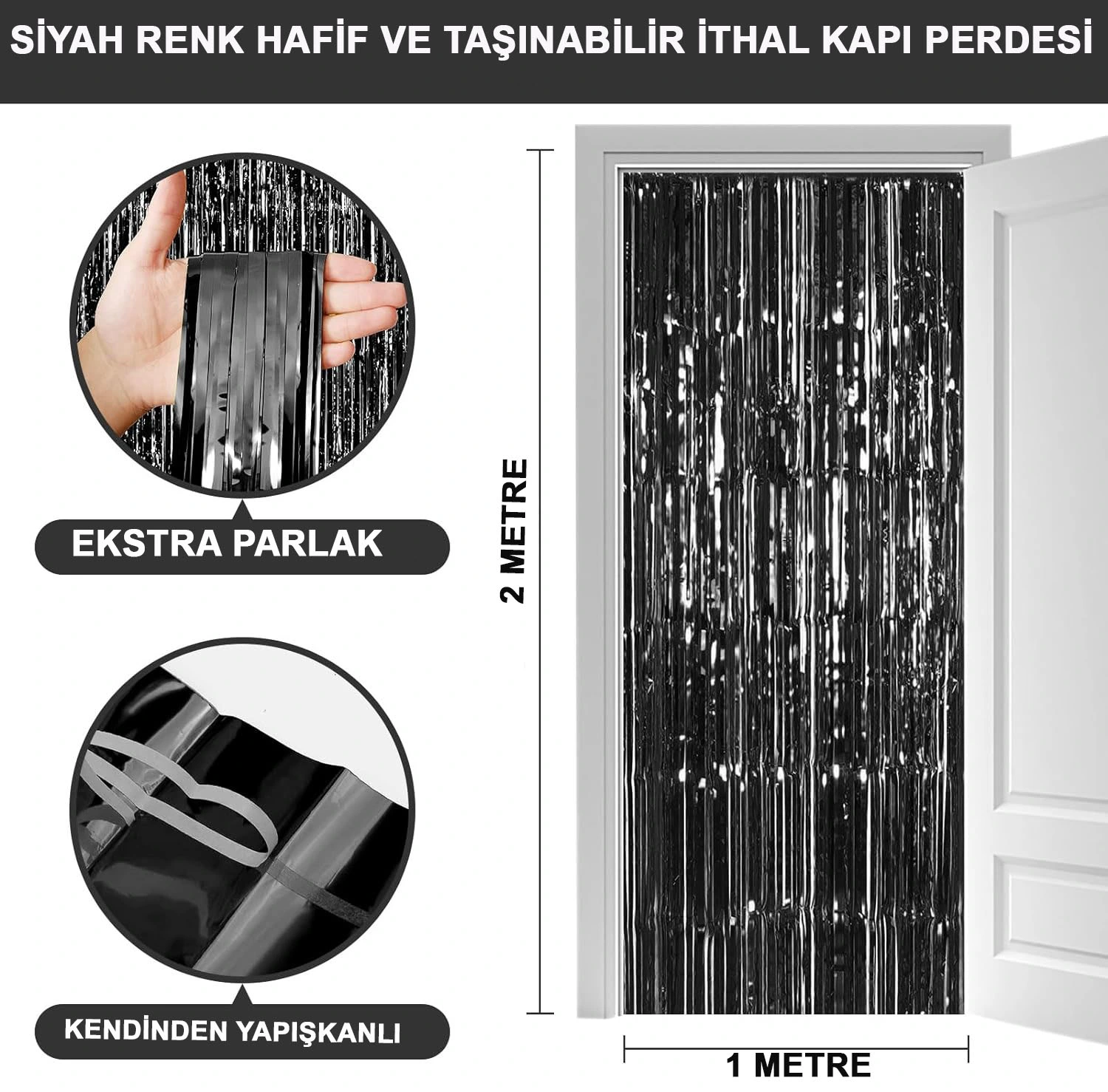 Siyah Renk Ekstra Metalize Parlak Saçaklı Arka Fon Perde İthal A Kalite 1X2 Metre