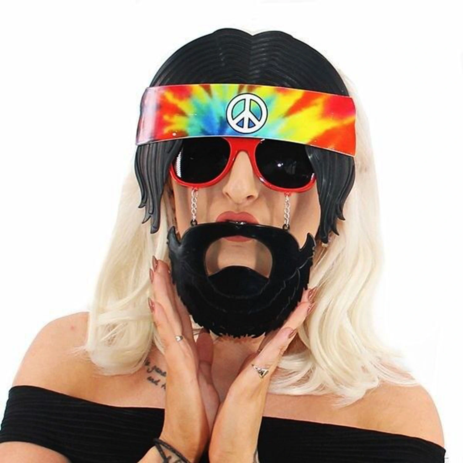 Siyah Saçlı Bandana Tasarımlı Hippi Parti Gözlüğü 26X18 Cm