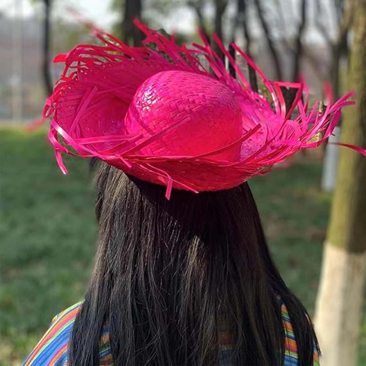 Tropikal Parti Pembe Fuşya Hasır Hawaii Şapkası 13X36 Cm