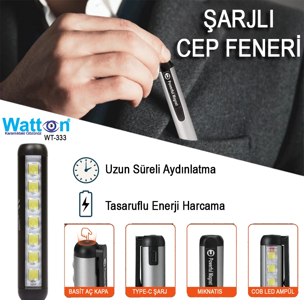 Type-C Girişli Miknatisli Şarjlı Cep Feneri Wt-333