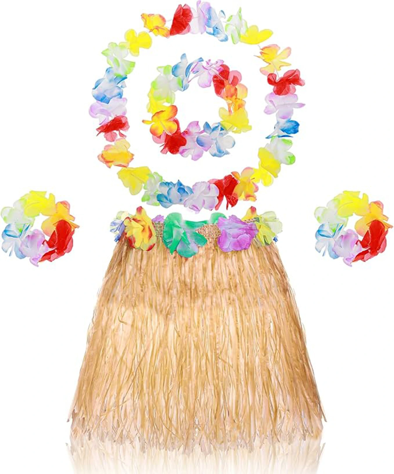 Yetişkin Çocuk Hawaii Parti Seti - 40 Cm Naturel Etek + Çiçek Aksesuarlar (5 Parça)