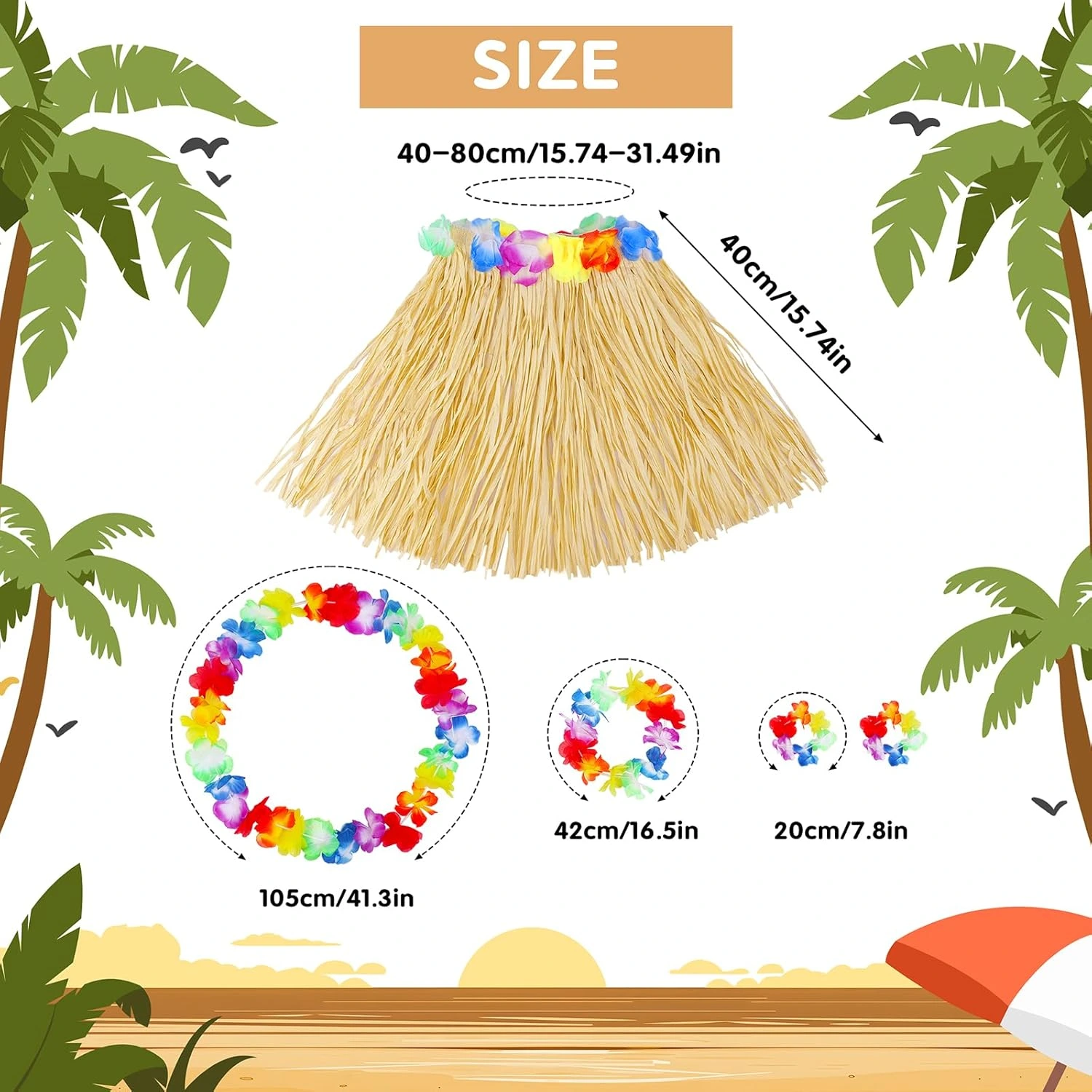Yetişkin Çocuk Hawaii Parti Seti - 40 Cm Naturel Etek + Çiçek Aksesuarlar (5 Parça)