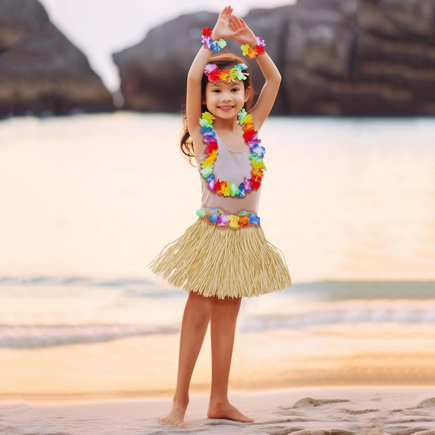 Yetişkin Çocuk Hawaii Parti Seti - 40 Cm Naturel Etek + Çiçek Aksesuarlar (5 Parça)