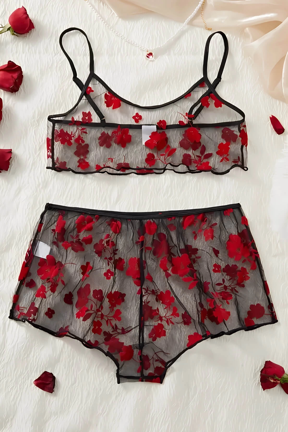 Leyna Çi̇çek Desenli̇ Si̇yah Transparan Şortlu Geceli̇k Tm1377