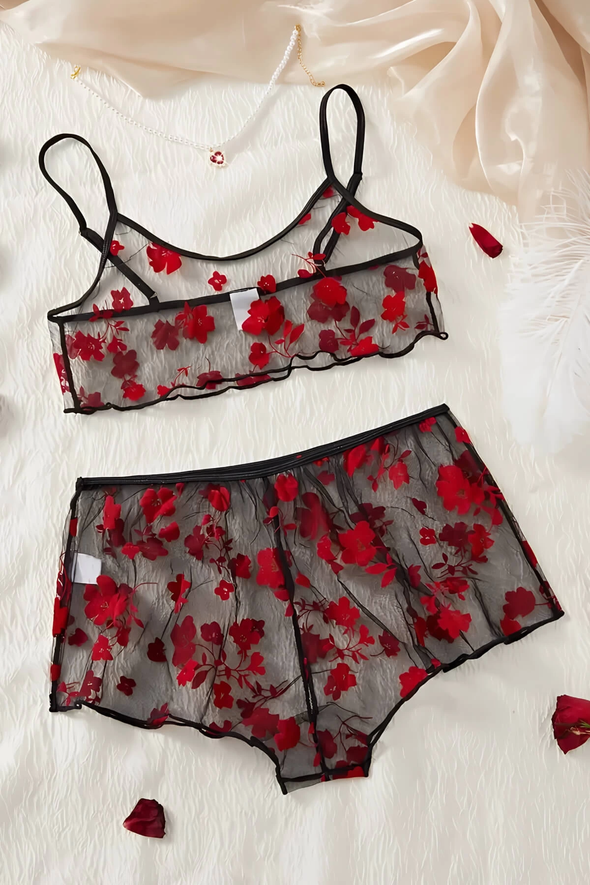 Leyna Çi̇çek Desenli̇ Si̇yah Transparan Şortlu Geceli̇k Tm1377