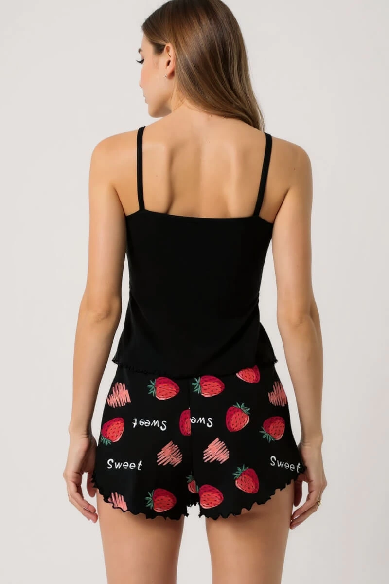 Leyna Çi̇lek Baskılı Si̇yah Askılı Şortlu Pi̇jama Takımı