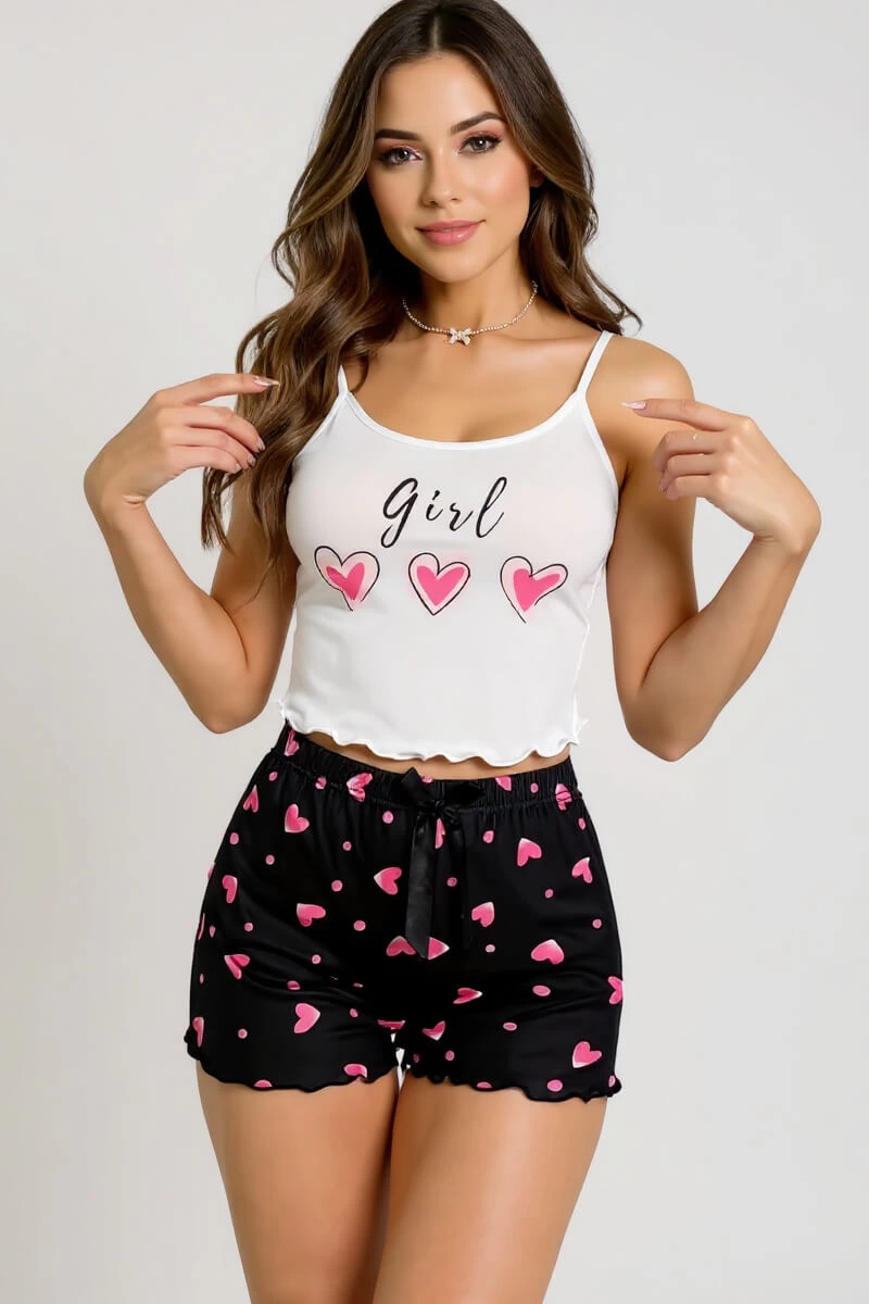 Leyna Kalp Desenli̇ Askılı Şortlu Pi̇jama Takımı