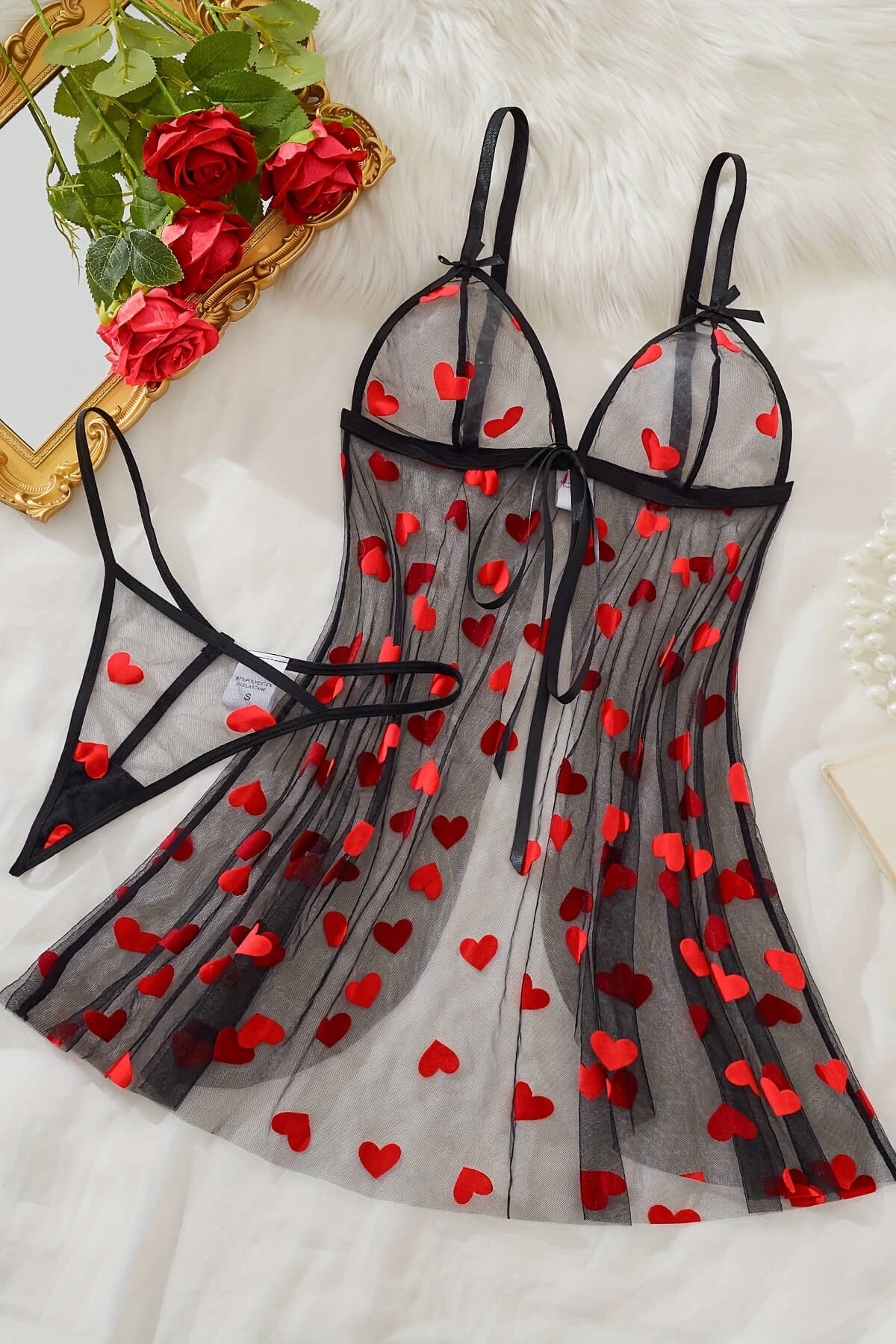 Leyna Kalp Desenli̇ Si̇yah Transparan Geceli̇k Tm1378