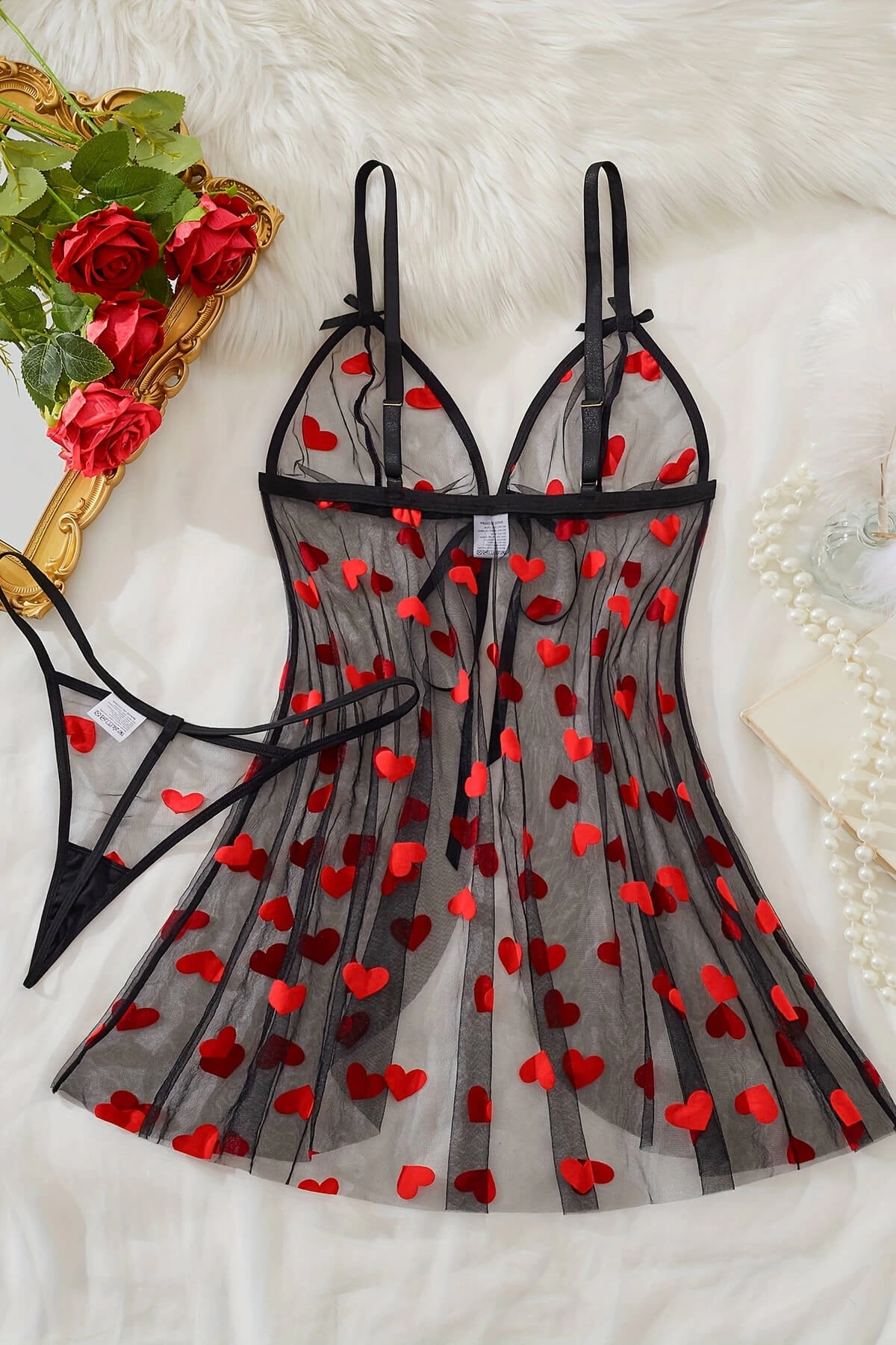 Leyna Kalp Desenli̇ Si̇yah Transparan Geceli̇k Tm1378