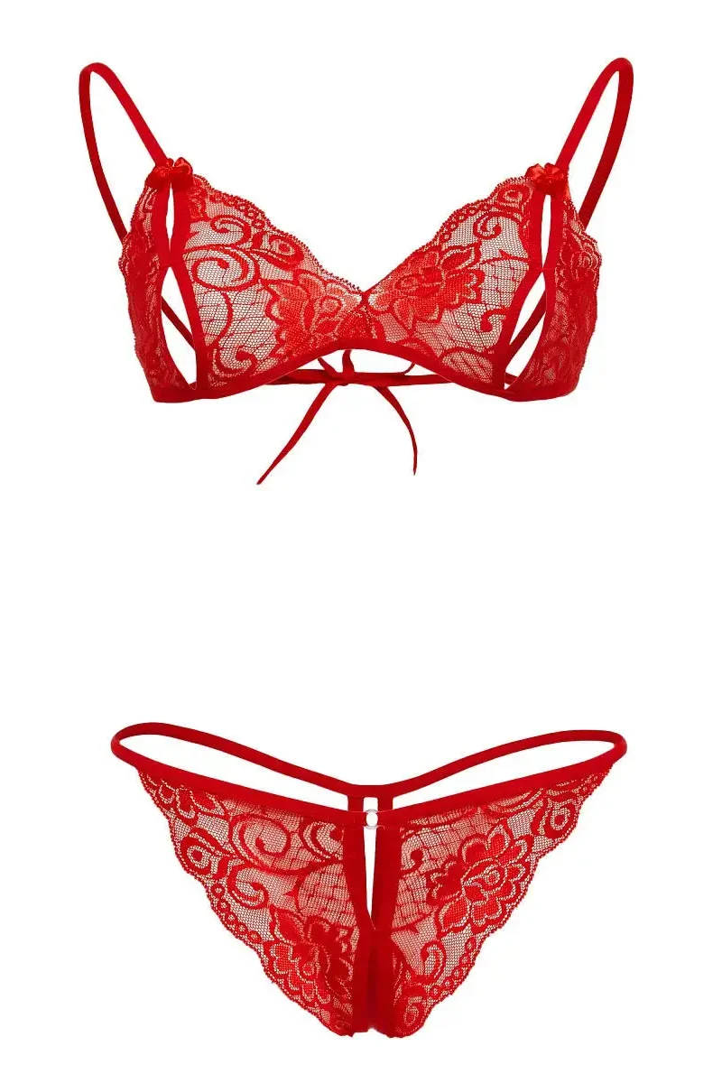 Leyna Kırmızı Dantelli̇ Fantazi̇ Sütyen Ve G-Stri̇ng Takım Tm2048