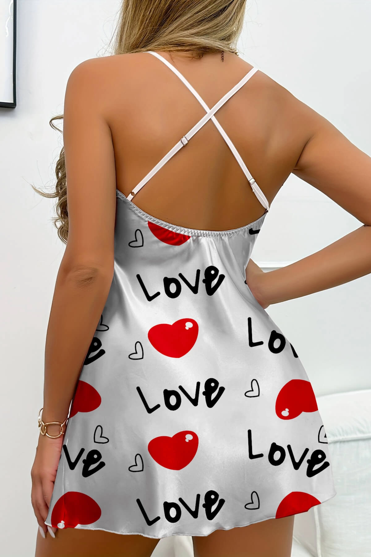 Leyna Love Desenli̇ Beyaz Saten Geceli̇k