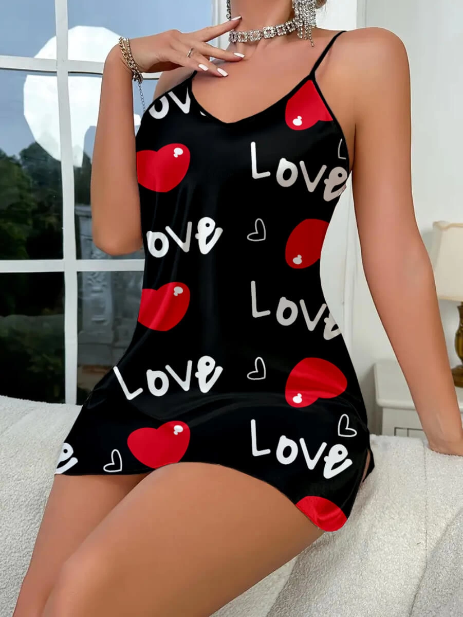 Leyna Love Desenli̇ Si̇yah Saten Geceli̇k