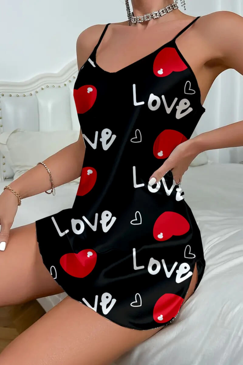 Leyna Love Desenli̇ Si̇yah Saten Geceli̇k