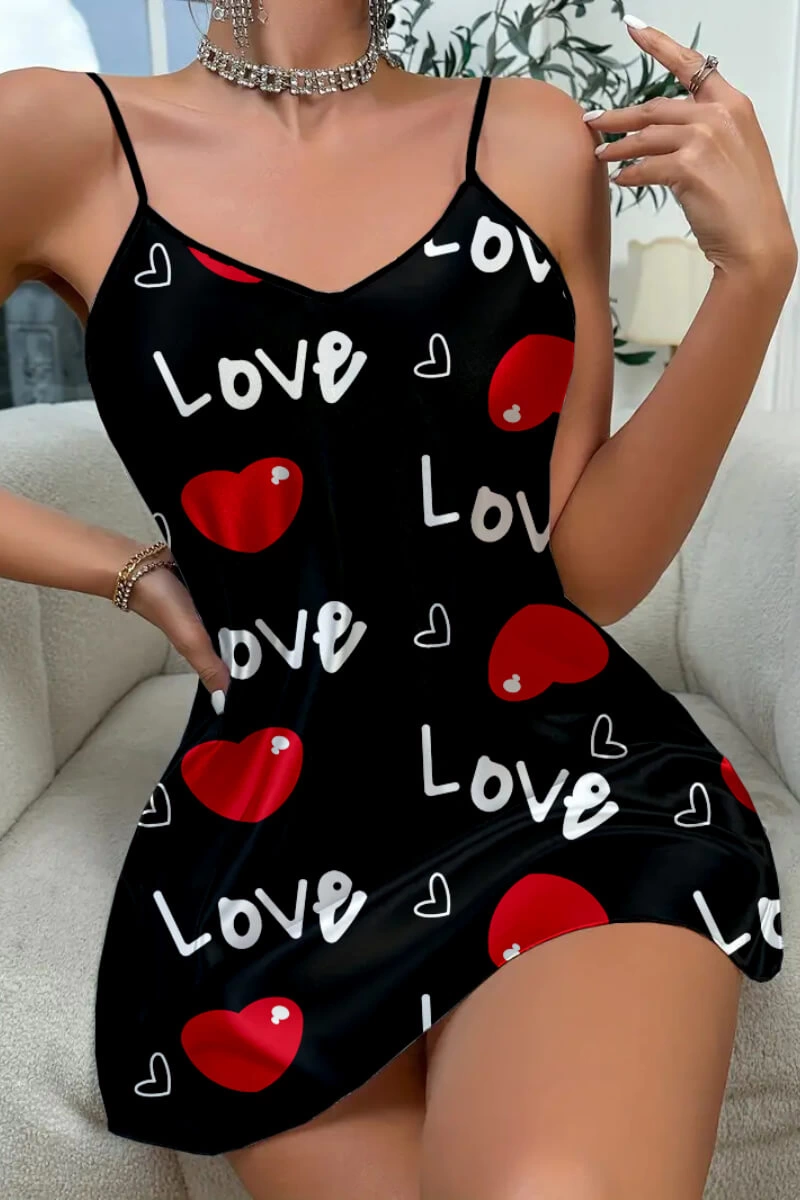 Leyna Love Desenli̇ Si̇yah Saten Geceli̇k