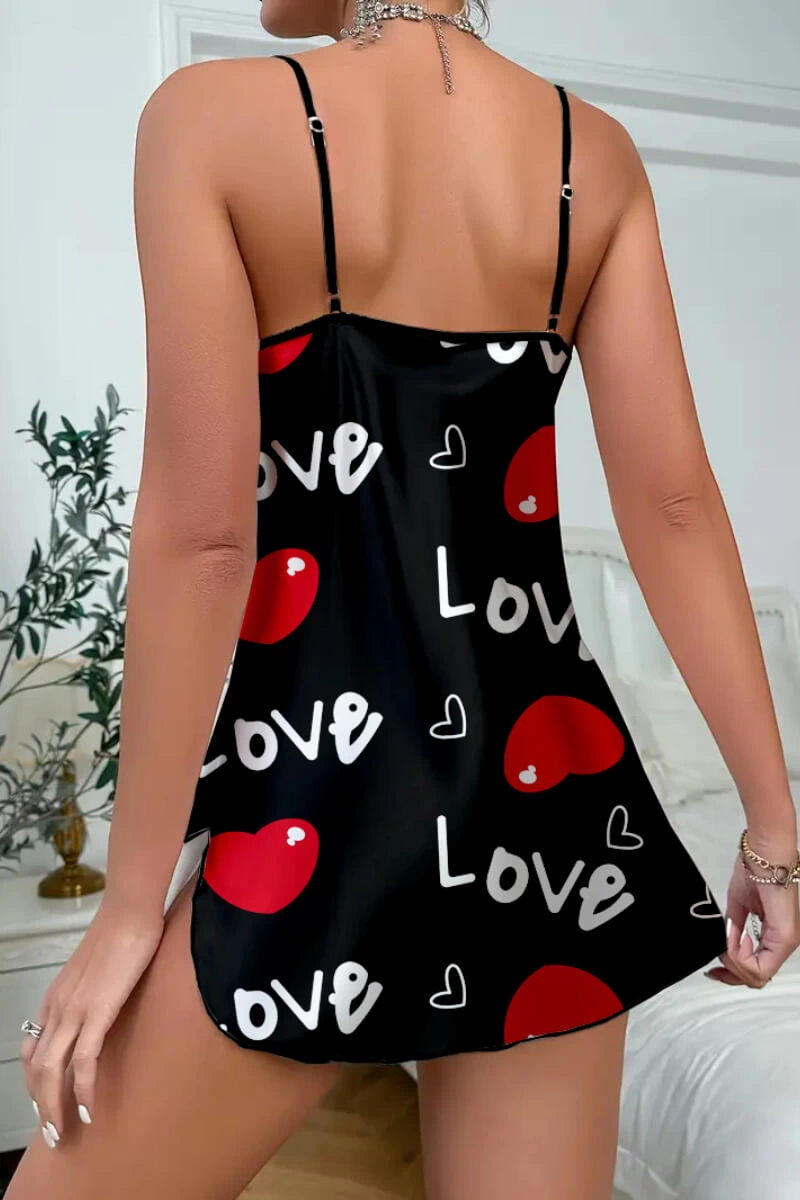 Leyna Love Desenli̇ Si̇yah Saten Geceli̇k