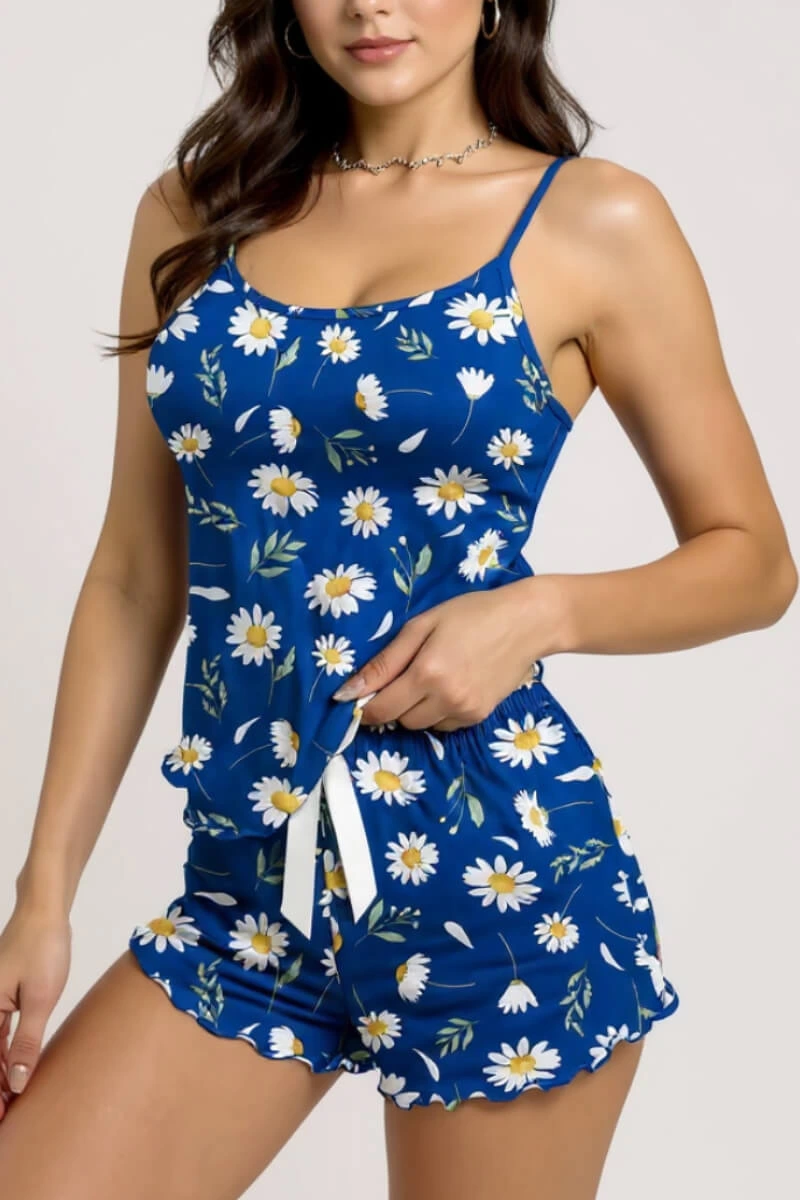 Leyna Papatya Desenli̇ Mavi̇ Askılı Şortlu Pi̇jama Takımı