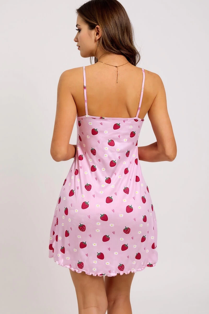 Leyna Pembe Çi̇lek Desenli̇ Askılı Kadın Geceli̇k